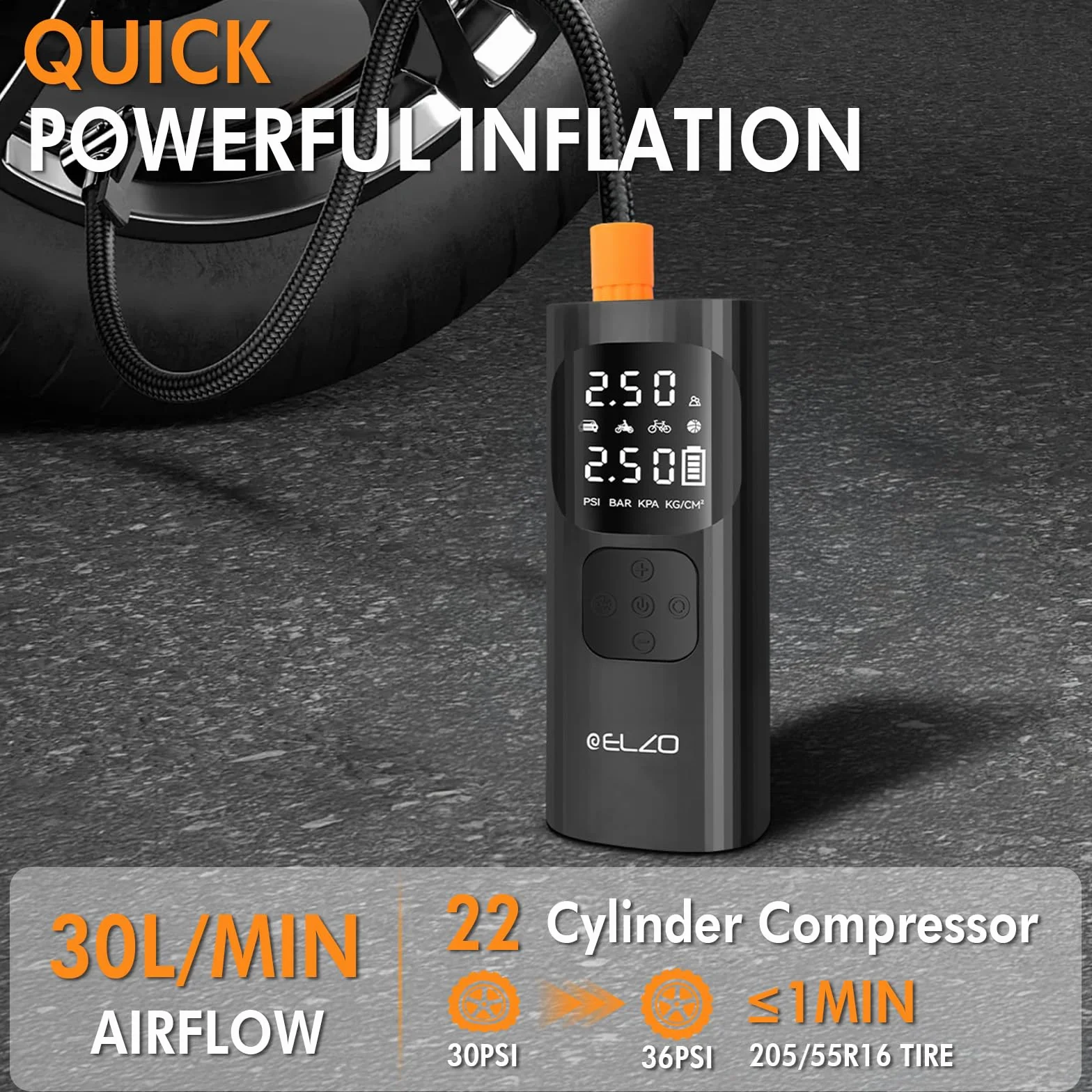 Elektryczna pompka powietrza, 150 PSI, 7500 mAh, przenośna, bezprzewodowa pompka powietrza z cyfrowym wyświetlaczem LCD i automatycznym zatrzymaniem, do rowerów, motocykli i piłek