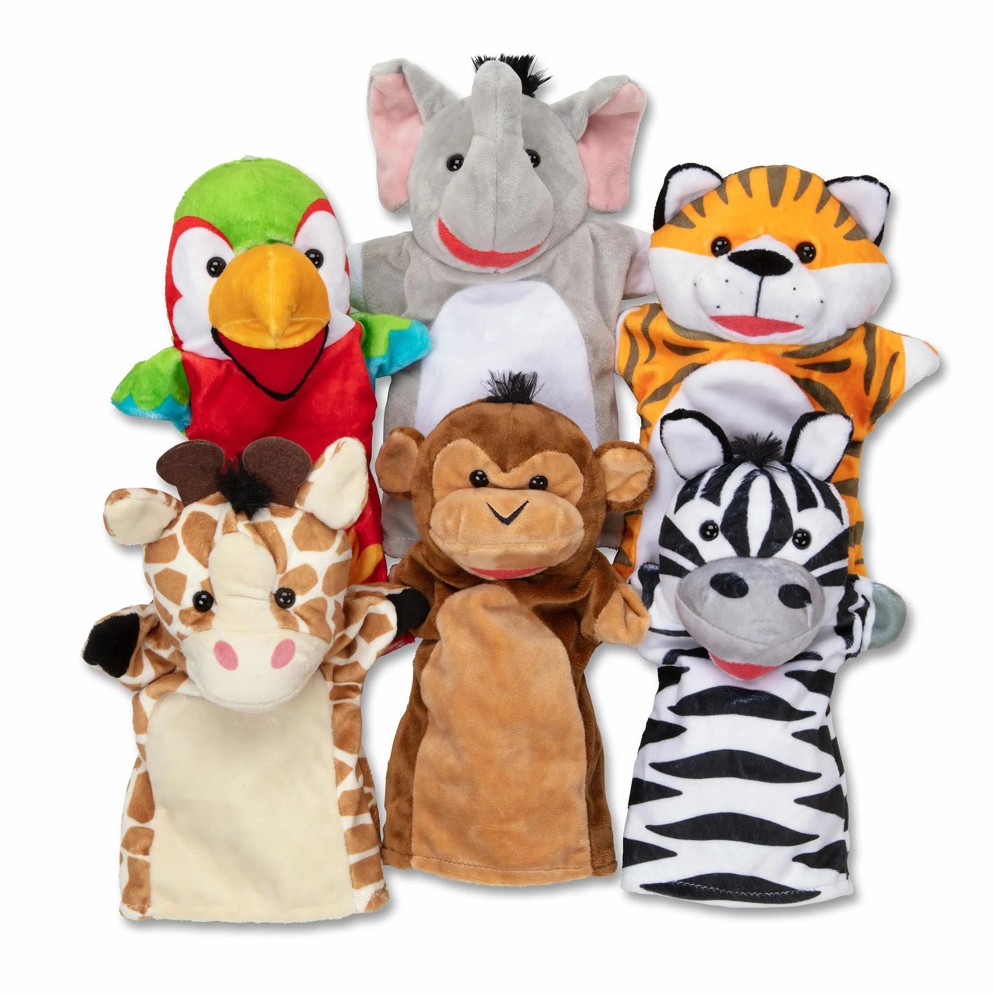 Melissa & Doug Safari Buddies ręczne kukiełki, zestaw 6 szt. (słoń, tygrys, papuga, żyrafa, małpa, zebra) miękkie, pluszowe zwierzę, kukiełki dla małych dzieci i dzieci w wieku od 2 lat