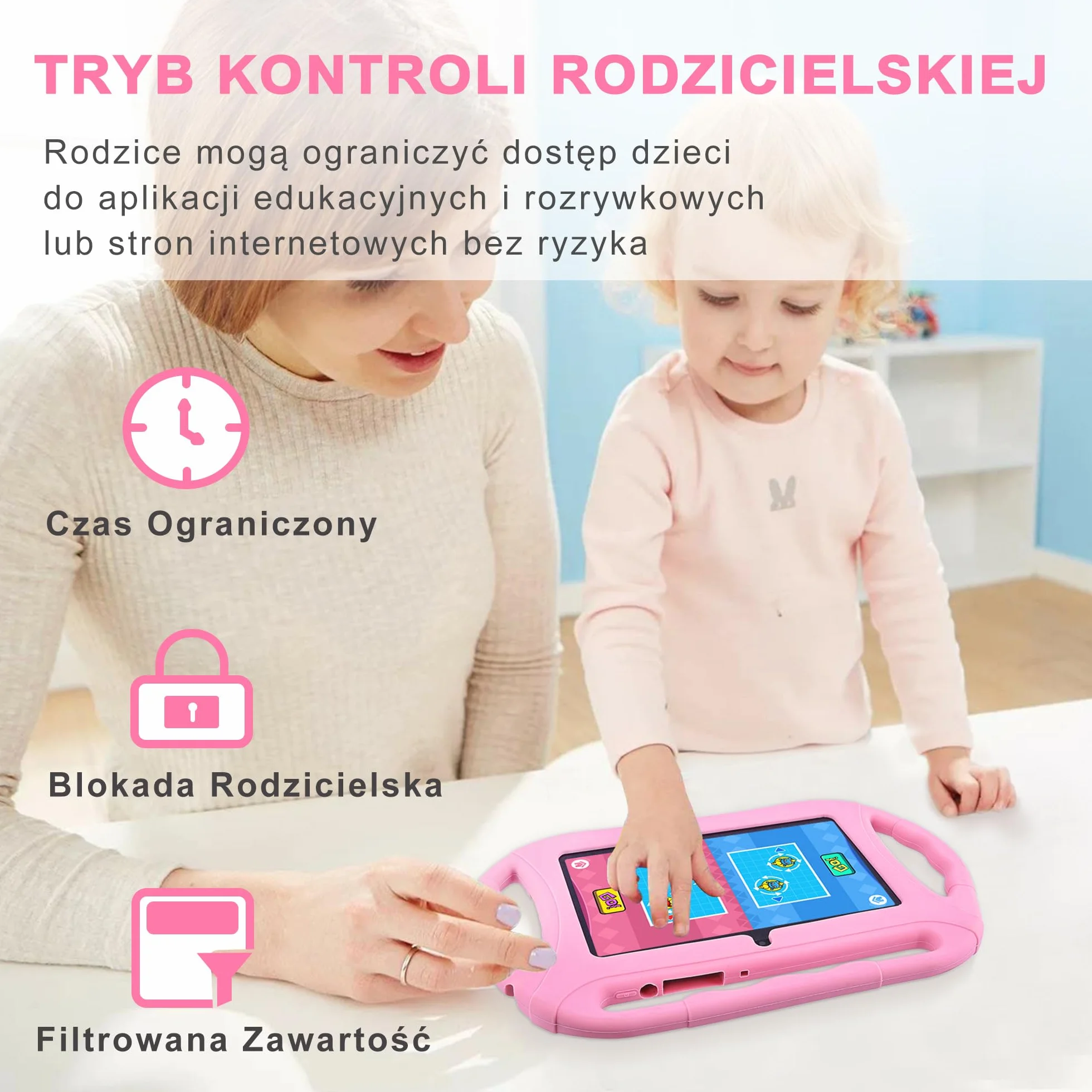 Veidoo Tablet dla Dzieci 7 Cali, 2GB RAM 32GB ROM, WiFi, Ekran IPS, Kontrola Rodzicielska, Gry, Edukacyjny Tablet dla Maluchów(Różowy)
