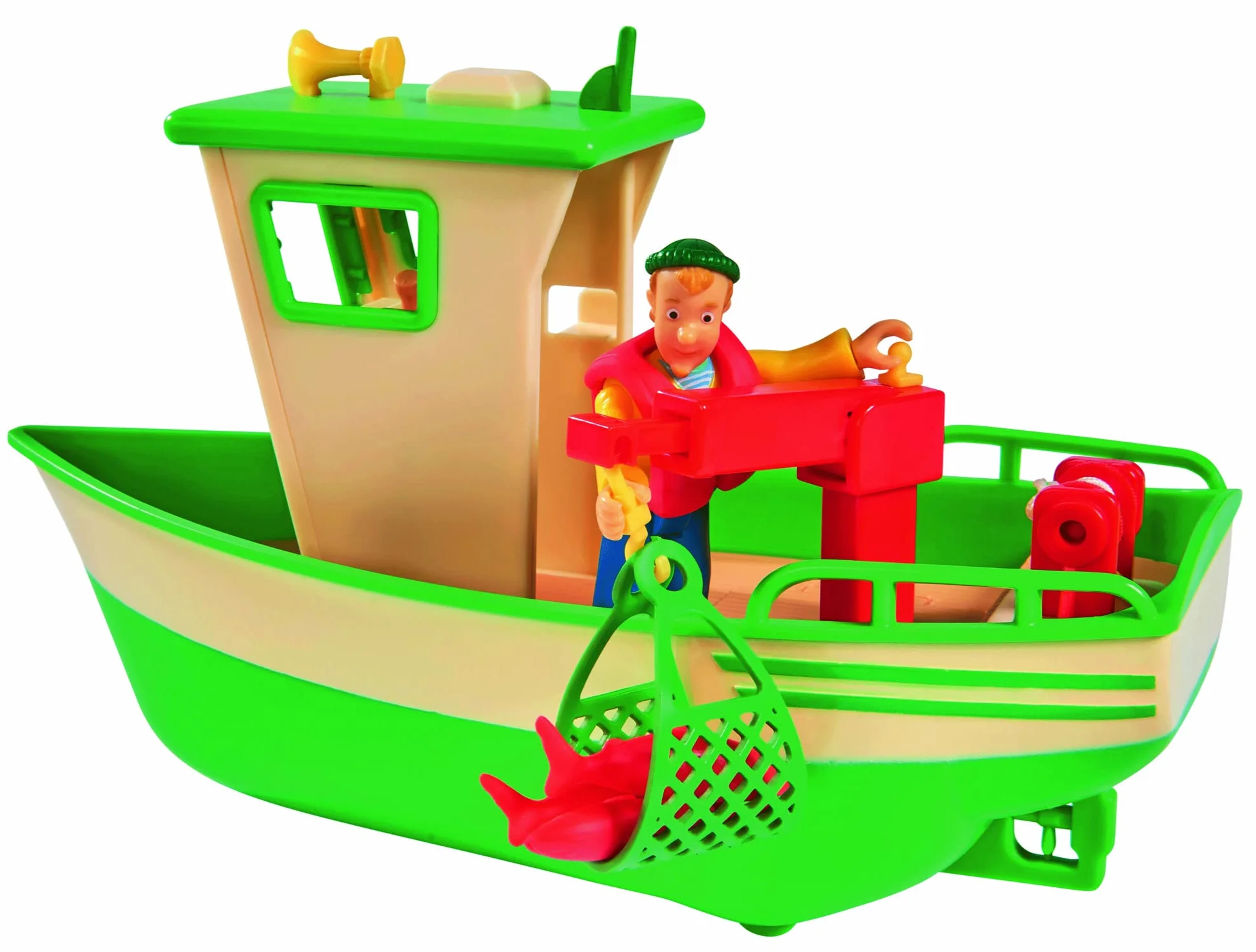 Simba 109251074038 Strażak Sam Pływająca Łódź Rybacka Charliego Z Figurką, Żuraw Ruchomy, Wciągarka Mechaniczna, Zamontowane Koła, Potrafi Jeździć, dla dzieci od 3 lat, wielkość 19 cm