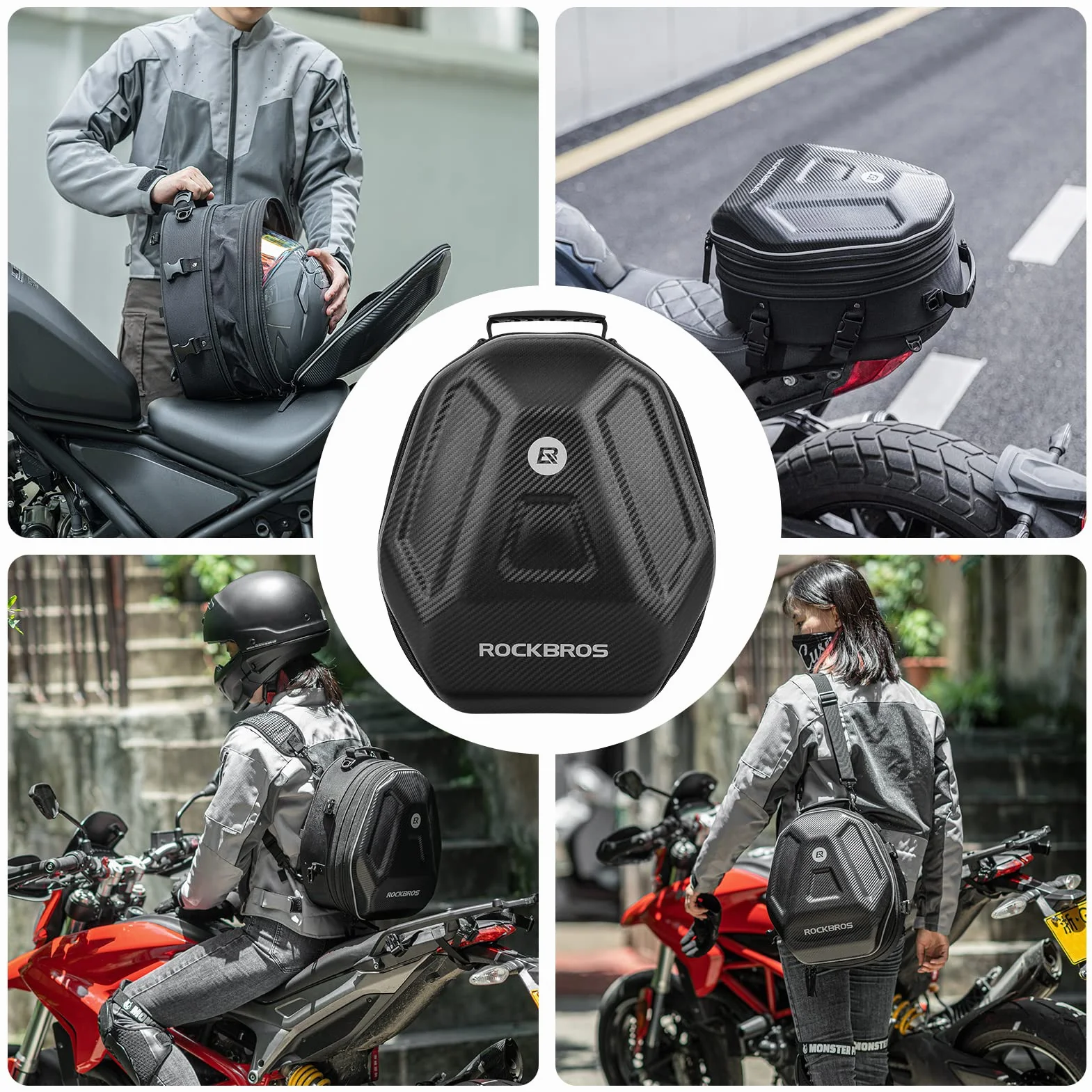ROCKBROS Torba Motocyklowa na Bbagażnik, Duża Pojemność 20-35L, Solidna, Trwała, Rozbudowy, z Wodoodporną Osłoną i Paskiem na Ramię, Uchwyt na Kask z Zamkiem do Motocykli Skuterów Motorowery, Czarny