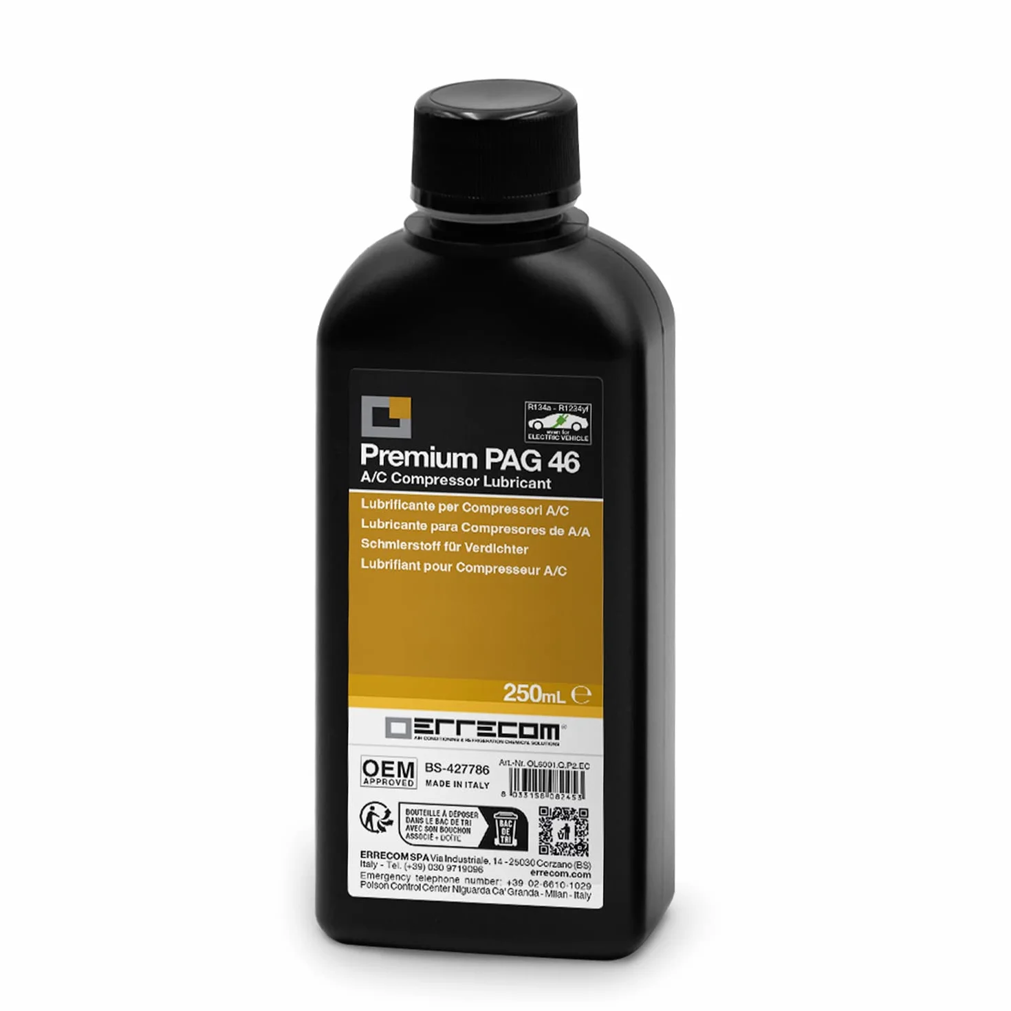 ERRERCOM PAG 46-250 ml, Olej do sprężarek klimatyzacji samochodowej, w tym sprężarek elektrycznych, pracujących na czynnikach chłodniczych R134a i R1234yf