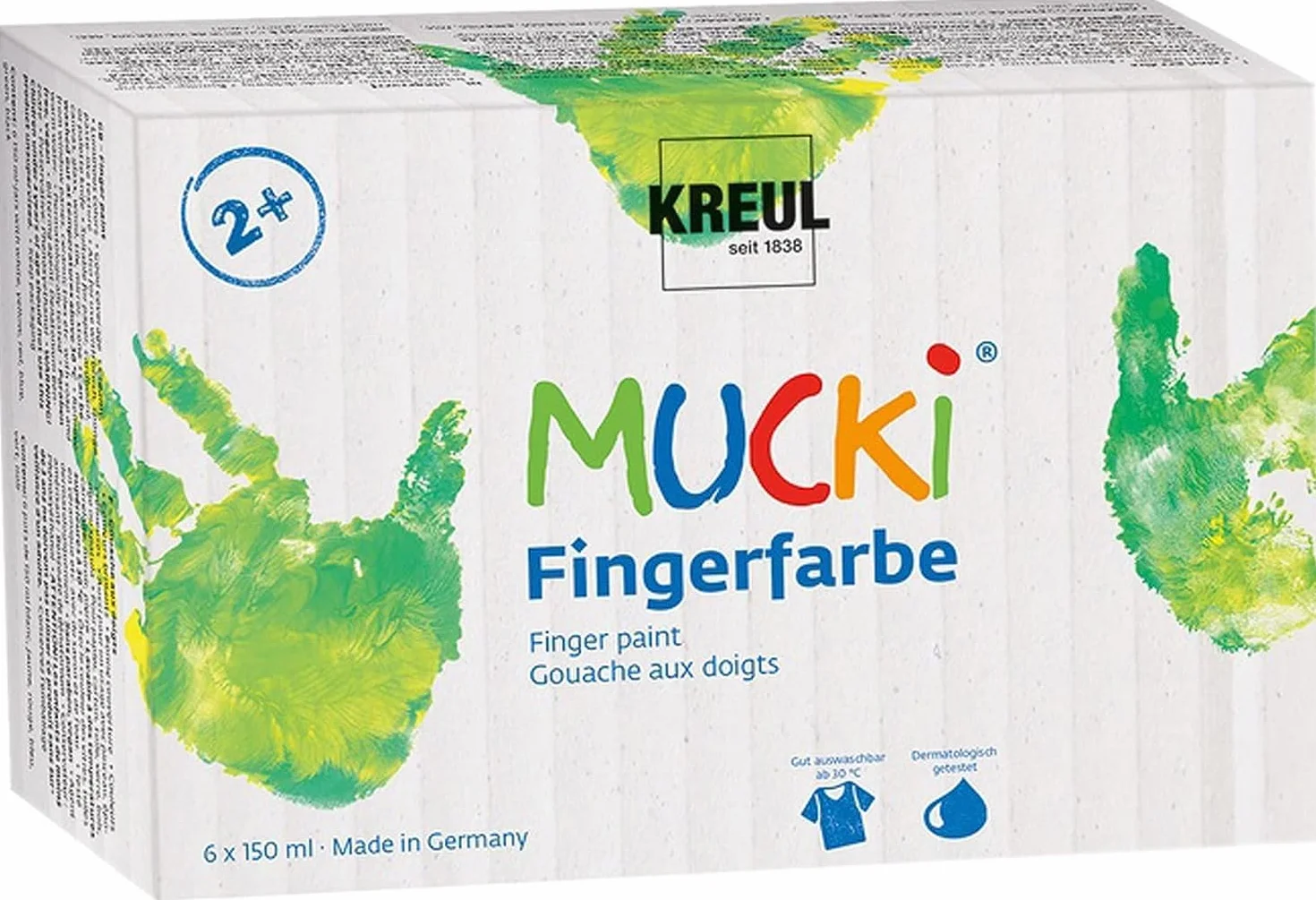 KREUL 2316 - Mucki Zestaw 6 x 150 ml farb do malowania palcami, farby wegańskie, bez parabenów, glutenu i laktozy, zmywalne, do stosowania palcem i pędzlem, jasne kolory