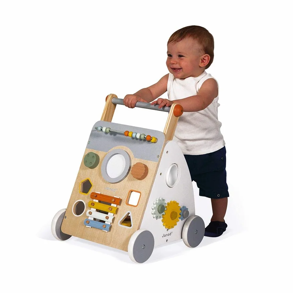 Janod - Sweet Cocoon Multi-Activity Cart - Wooden Push-In Walking Trolley - 9 Activities - Quiet Wheels, Water Based Paint - from 1 Year Old, J04410