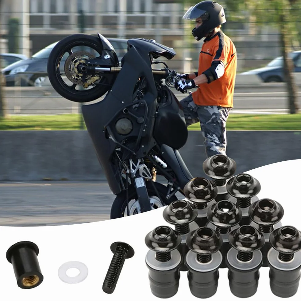 Comioke Śruby mocujące do szyby motocyklowej, M5 x 16 mm, śruby do szyby przedniej, 10 sztuk śrub i śrub do przedniej szyby, wkrętaka, osłony przed wiatrem