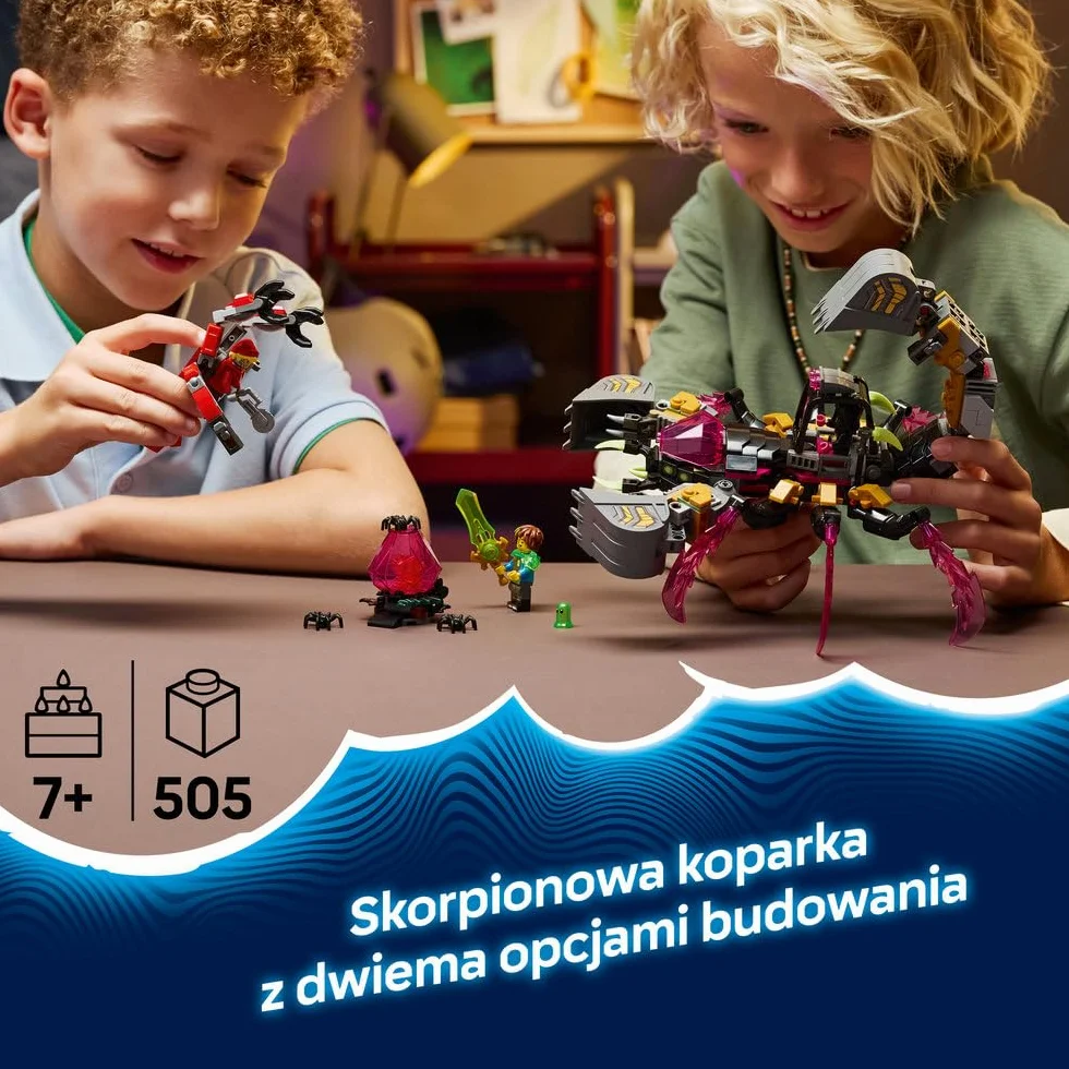 LEGO DREAMZzz Koszmarna skorpionowa koparka, zabawka dla dzieci z 3 minifigurkami, dwie opcje budowania, prezent na urodziny dla chłopców i dziewczynek w wieku od 7 lat, dekoracja fantasy 71513