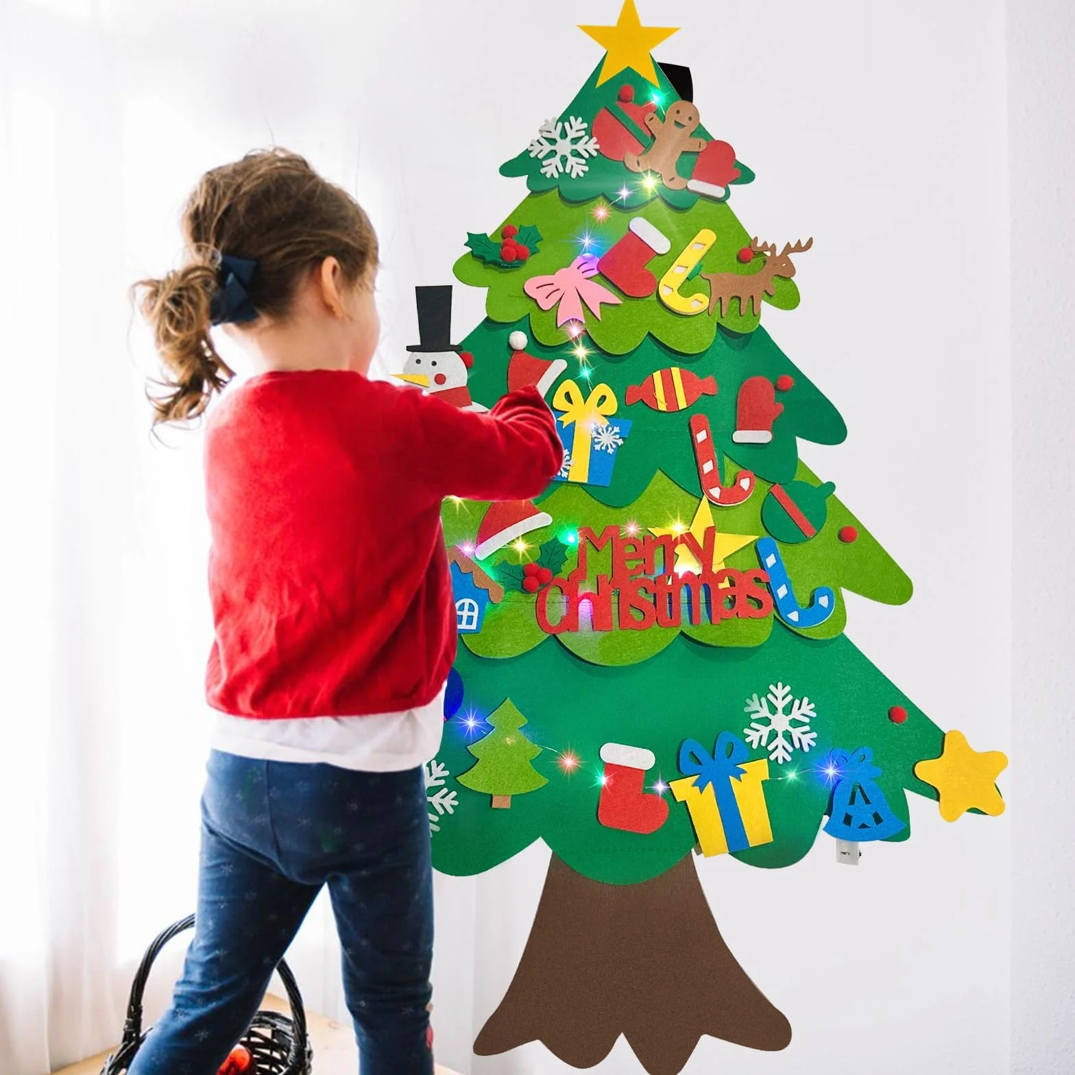 DONGTATA DIY filcowe dekoracje choinkowe dla dzieci, 98 cm, filcowy zestaw choinki dla dzieci, do powieszenia na ścianie, zestawy z 32 szt. ozdób