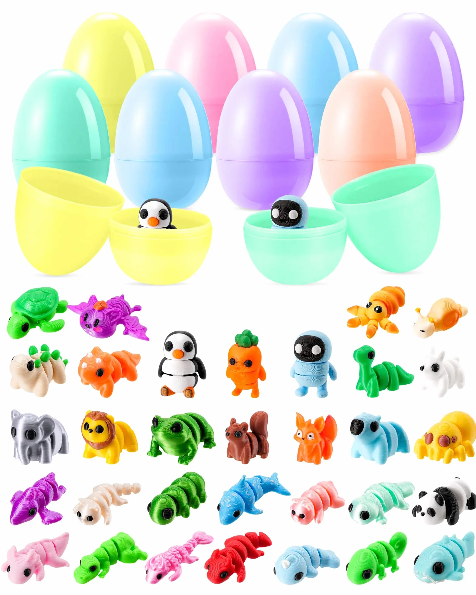 Kizmyee 8 jajek wielkanocnych do wypełnienia, 32 sztuki, figurki zwierząt 3D, elastyczne, ruchome zabawki fidget toy, prezenty do wypełnienia jajek wielkanocnych, prezenty urodzinowe, nagrody po