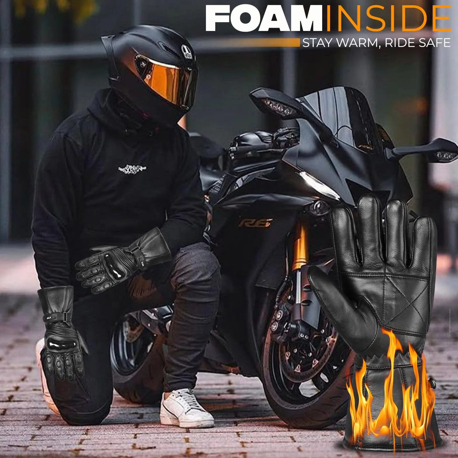 WFX Rękawice motocyklowe dla mężczyzn i kobiet, wodoodporne, kompatybilne z ekranem dotykowym, wiatroszczelne, skórzane, ochrona stawów, do wyścigów szosowych i wspinaczki
