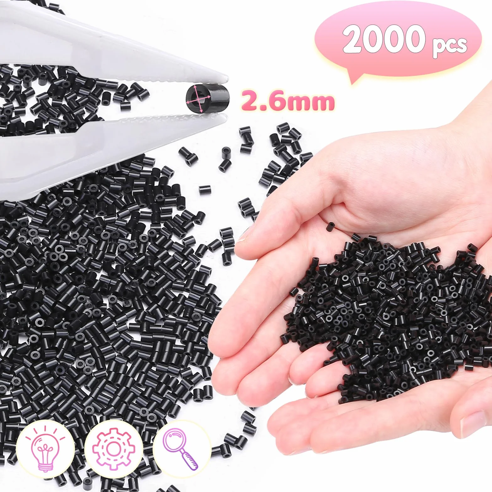 LIHAO 2000 szt. Mini 2,6 mm koraliki do prasowania, kreatywne hobby dla dzieci - czarne