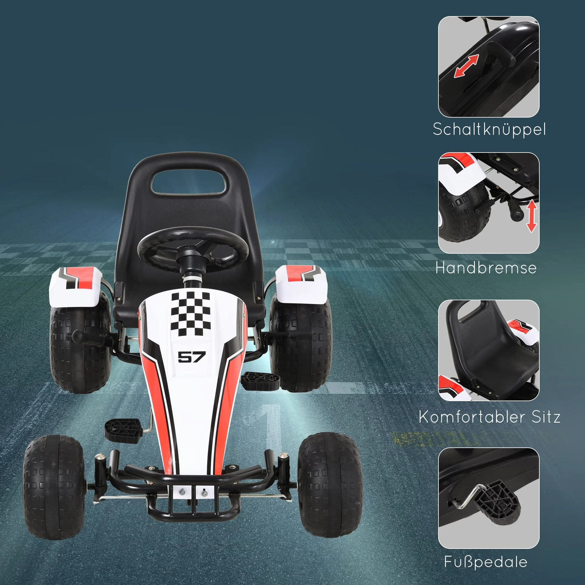 Gokart HOMCOM samochód dziecięcy na pedały z pedałem hamulca zabawka dla dzieci 3–8 lat stal kolor biały 104 x 66 x 57 cm