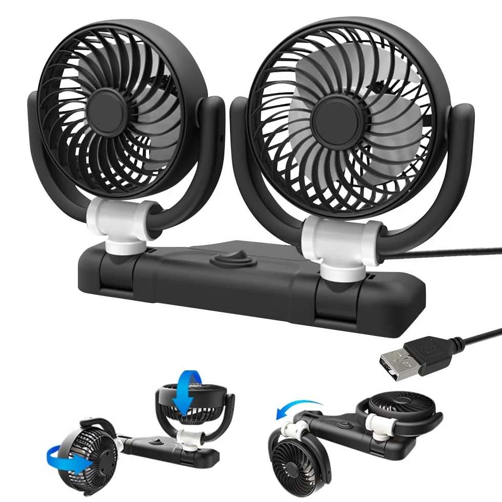 Wentylator samochodowy USB, 5 V, podwójna głowica, obracany o 360 stopni, z 2 prędkościami, obrót o 360°, regulowany wentylator, cichy wentylator do samochodów ciężarowych, vanów, SUV, pojazdów