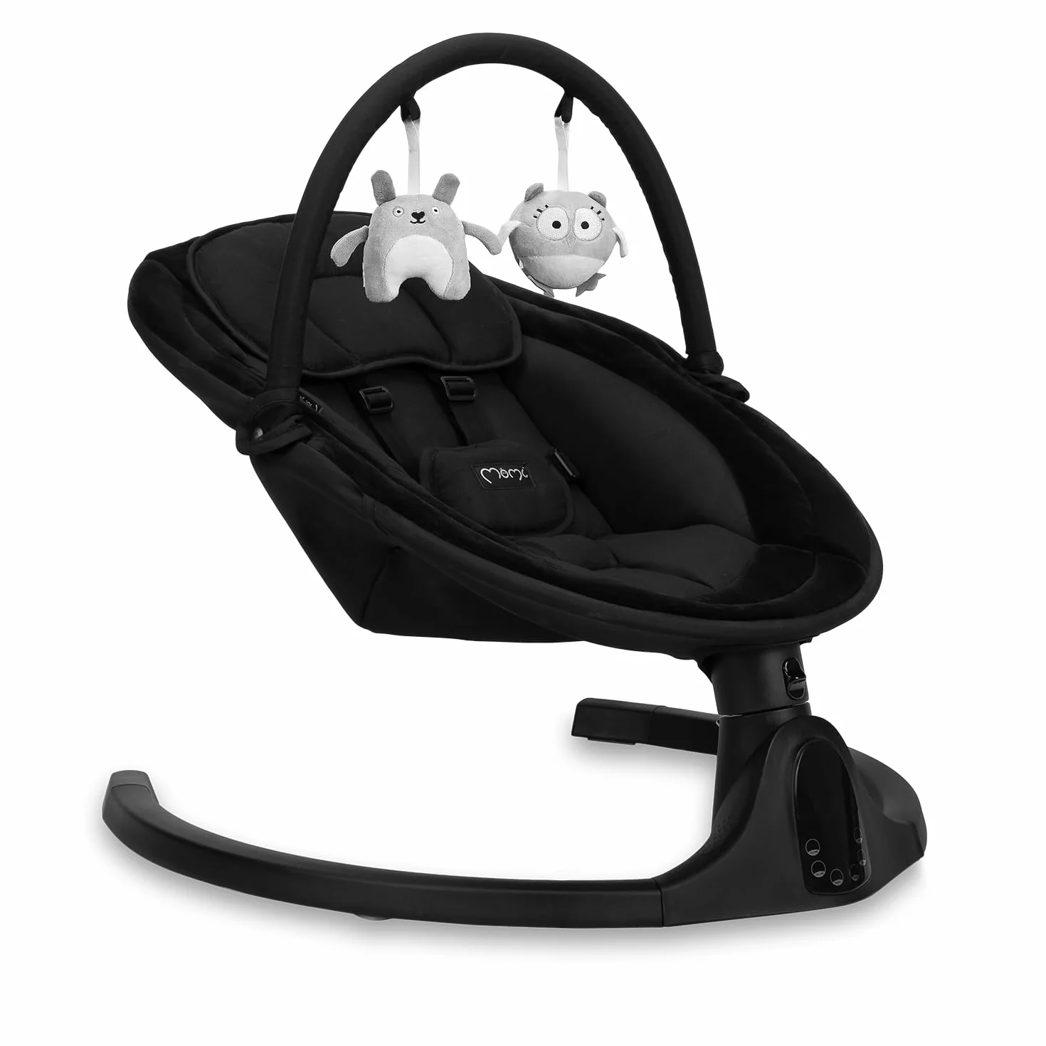 MOMI KENANI ONYX huśtawka do 9 kg, wyświetlacz LED, pilot zdalnego sterowania, Bluetooth do smartfonów, zasilanie bateryjne/sieciowe, 5-punktowe szelki bezpieczeństwa, łuk i zabawki