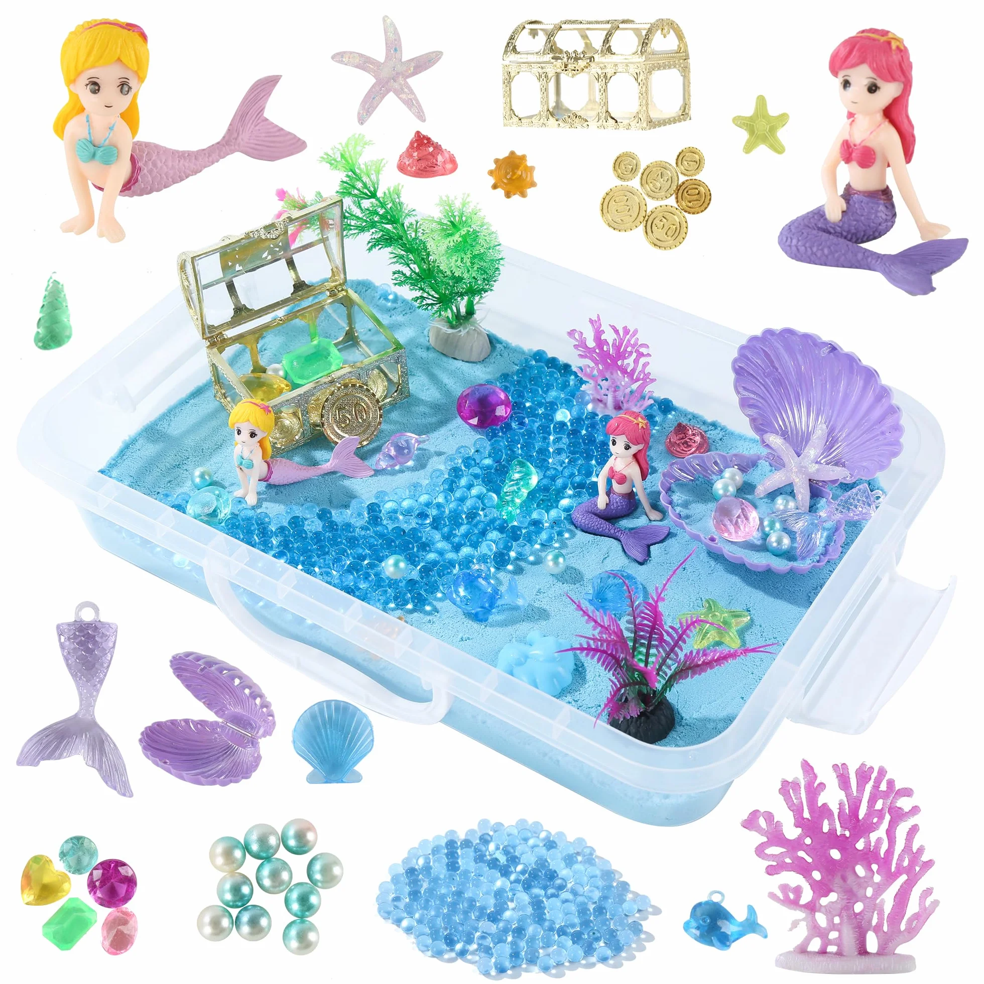 sikmcle Ocean Sensorik Box zestaw do piasku sensorycznego dla dzieci, pojemnik na piasek z pokrywką i akcesoriami z tworzywa sztucznego (muszle, ślimaki, rozgwiazdy)