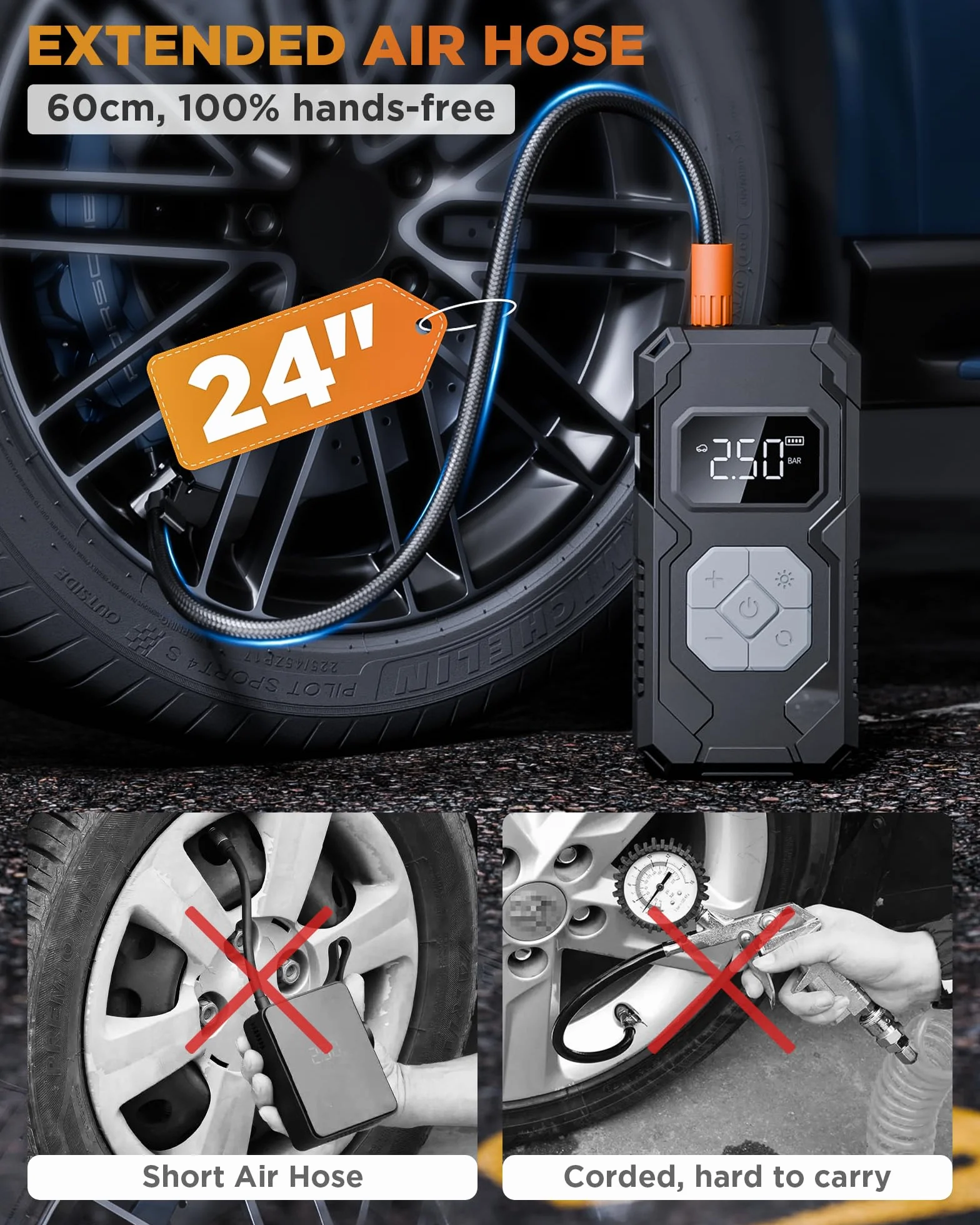 Elektryczna pompka powietrza 15000 mAh i 150 psi, przenośna sprężarka powietrza, kompresor akumulatorowy z manometrem, pompka rowerowa do wielokrotnego ładowania, do samochodu, roweru, motocykla,