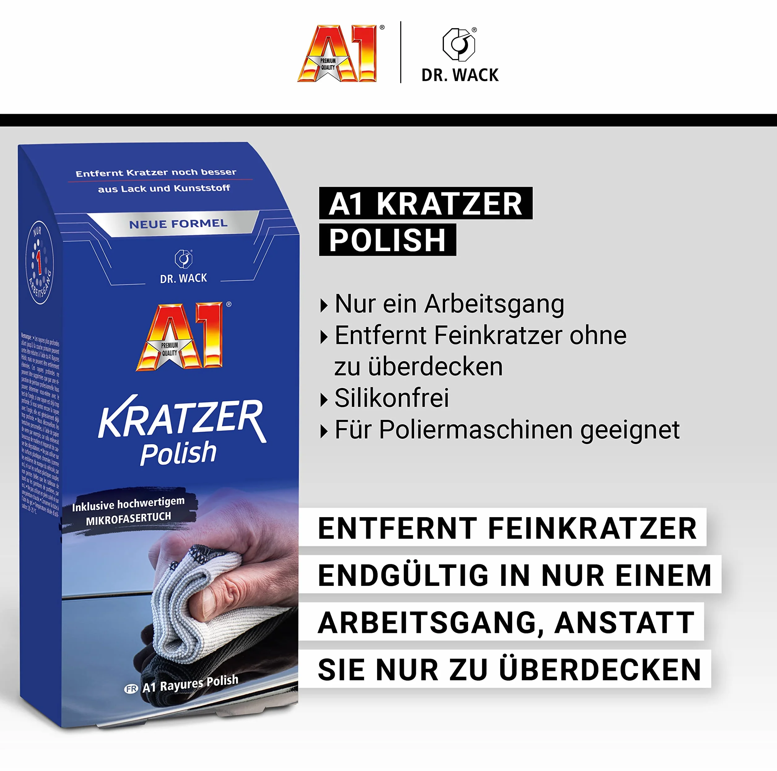 Dr. Wack – Polish A1 - nowa formuła 50 ml wraz ze ściereczką z mikrofibry I politura samochodowa do usuwania drobnych zadrapań I nadaje się do lakieru i tworzyw sztucznych I wysokiej jakości