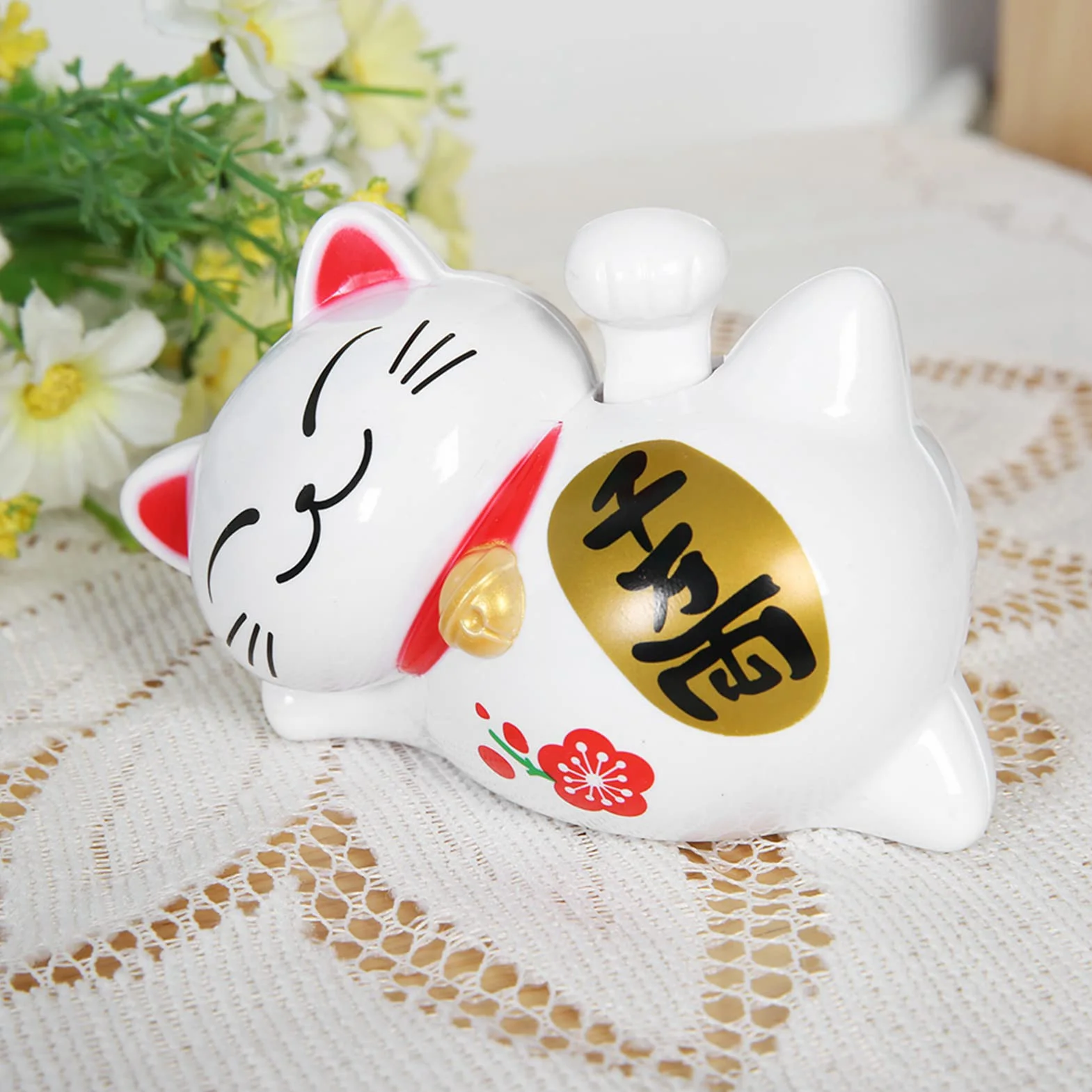 Solarbetriebene Maneki Neko LuckyCat Fortune Begr¨¹?ung Winken Arm Up Faule Liegen Reichtum Fortune Cat Home Stores Auto Feng Shui Dekor Wei?(# 2)