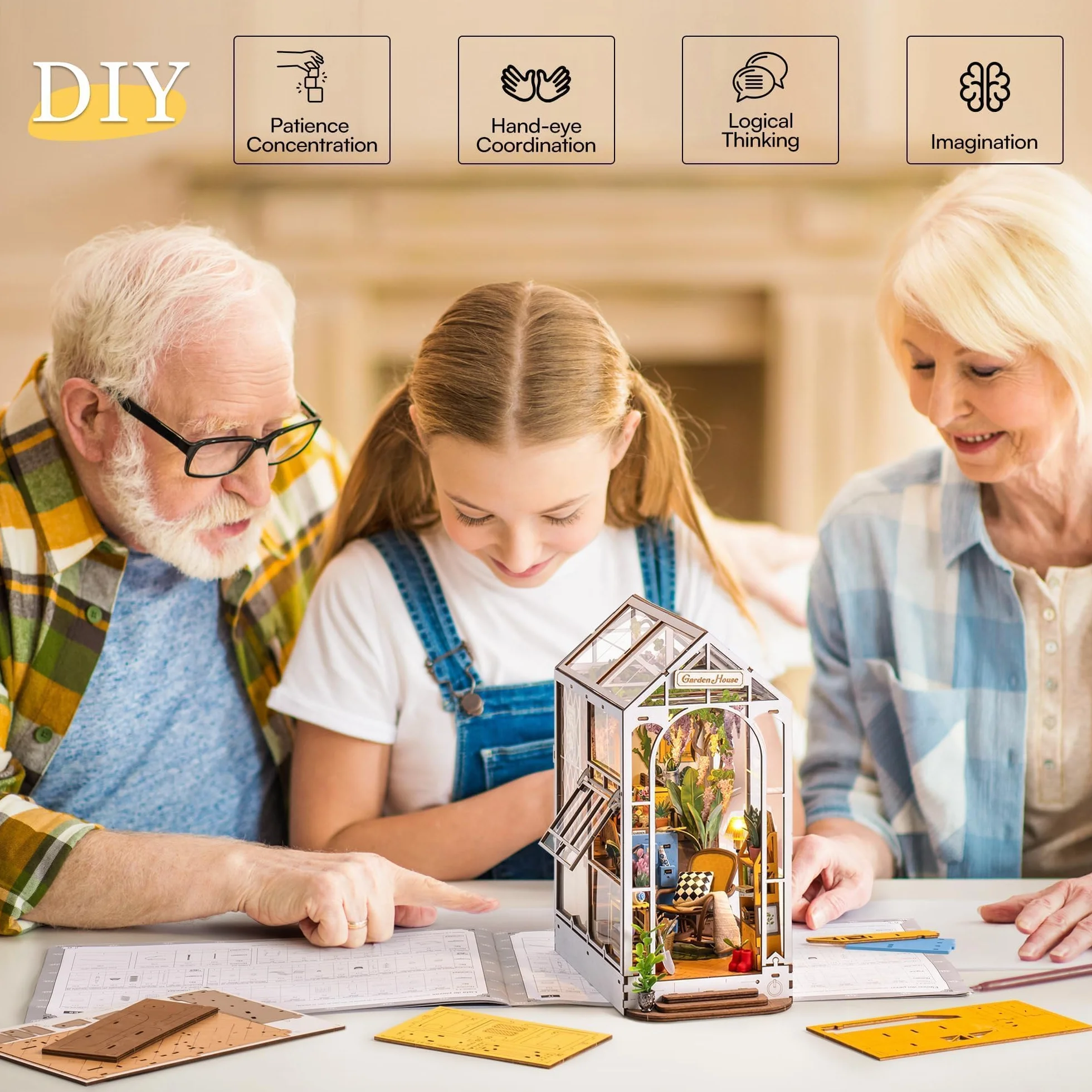 ROBOTIME Book Nook Kit domek ogrodowy ze światłami LED, zestaw do samodzielnego wykonania miniaturowy domek dla lalek 3D, drewniane puzzle, Booknook, półka na książki, dekoracja, prezent