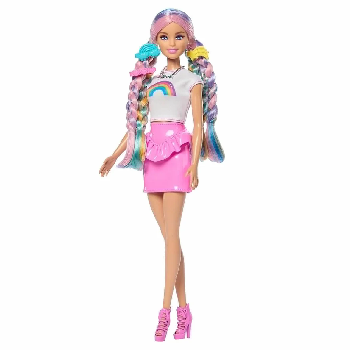 Barbie Lalka Tęczowe brokatowe włosy Zestaw, bardzo długie kolorowe włosy, 12 akcesoriów do stylizacji, w tym aplikator z brokatem, szczotka, spinki, suszarka do włosów, zabawka dla dzieci 3+, JJP07