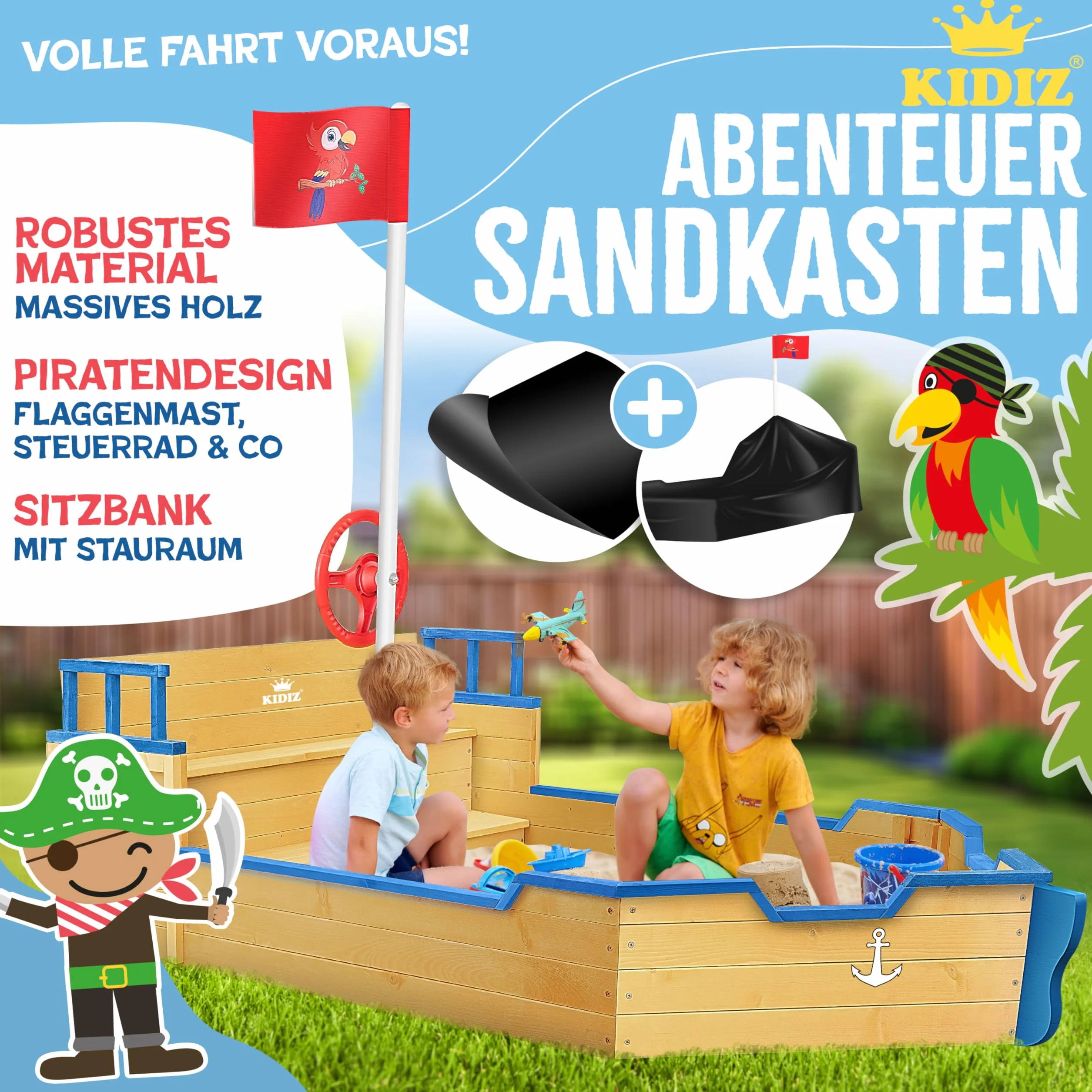 KIDIZ® Piaskownica AHOI – statek piracki, łódź żaglowa z drewna, w zestawie pokrywa, plandeka podłogowa, ławka do siedzenia, maszt flagowy, zabawki, duża piaskownica dla dzieci, do ogrodu, piaskownica