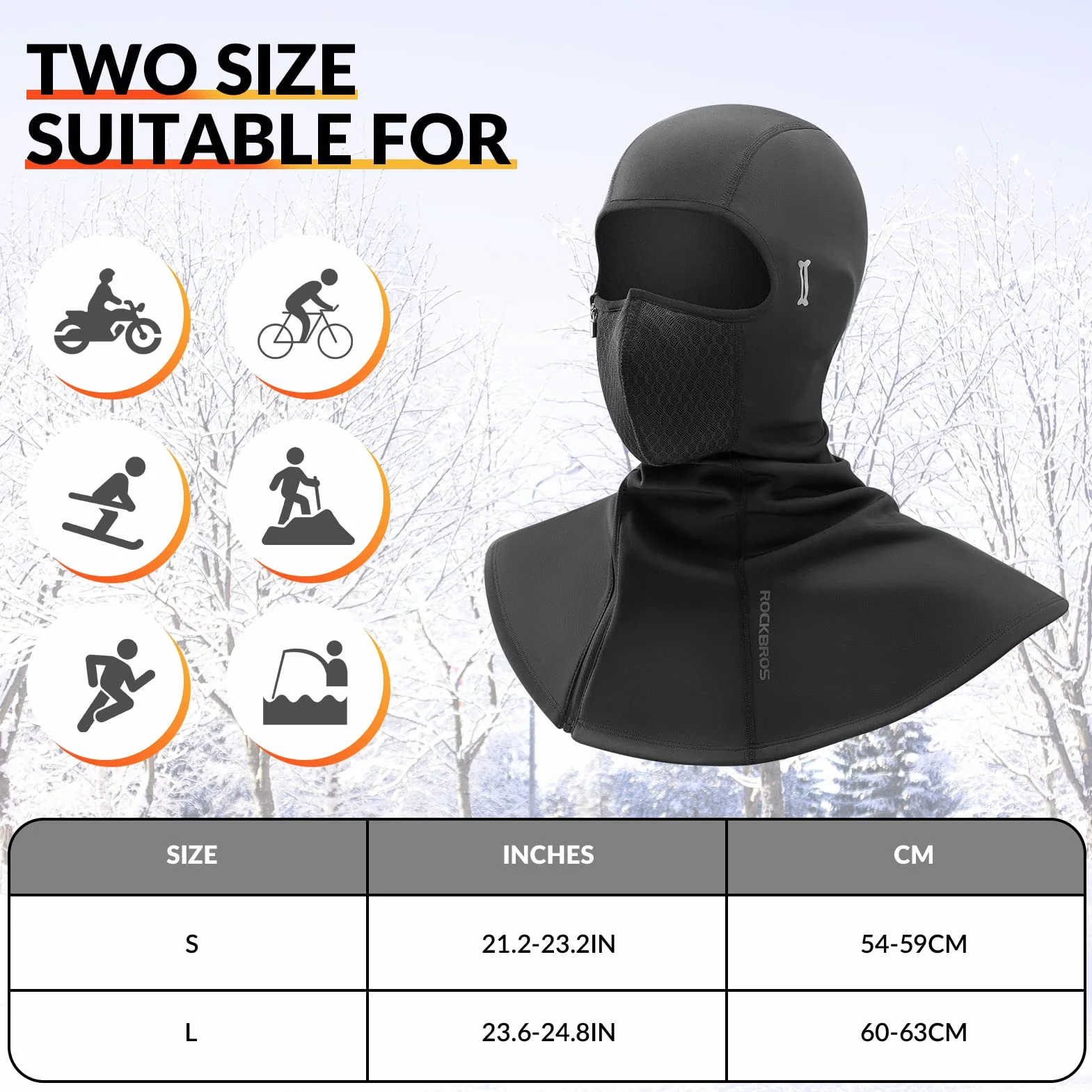 ROCKBROS Kominiarka Motocyklowa Zimowa Maska Narciarska Oddychająca Wiatroszczelna 54-63 cm