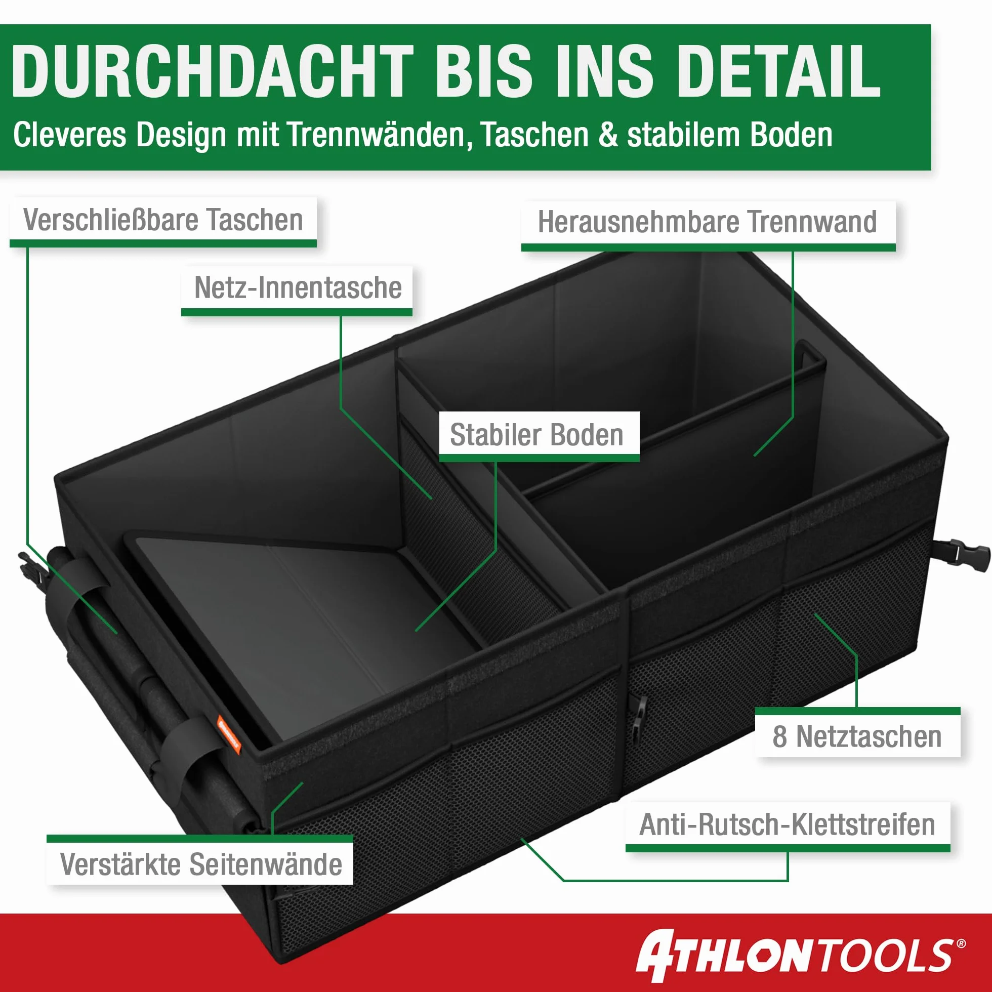 ATHLON TOOLS Organizer do bagażnika XXL – składany organizer samochodowy – torba do bagażnika, antypoślizgowa, wzmocniona, stabilna torba do bagażnika z pokrywą – pudełko samochodowe do przechowywania