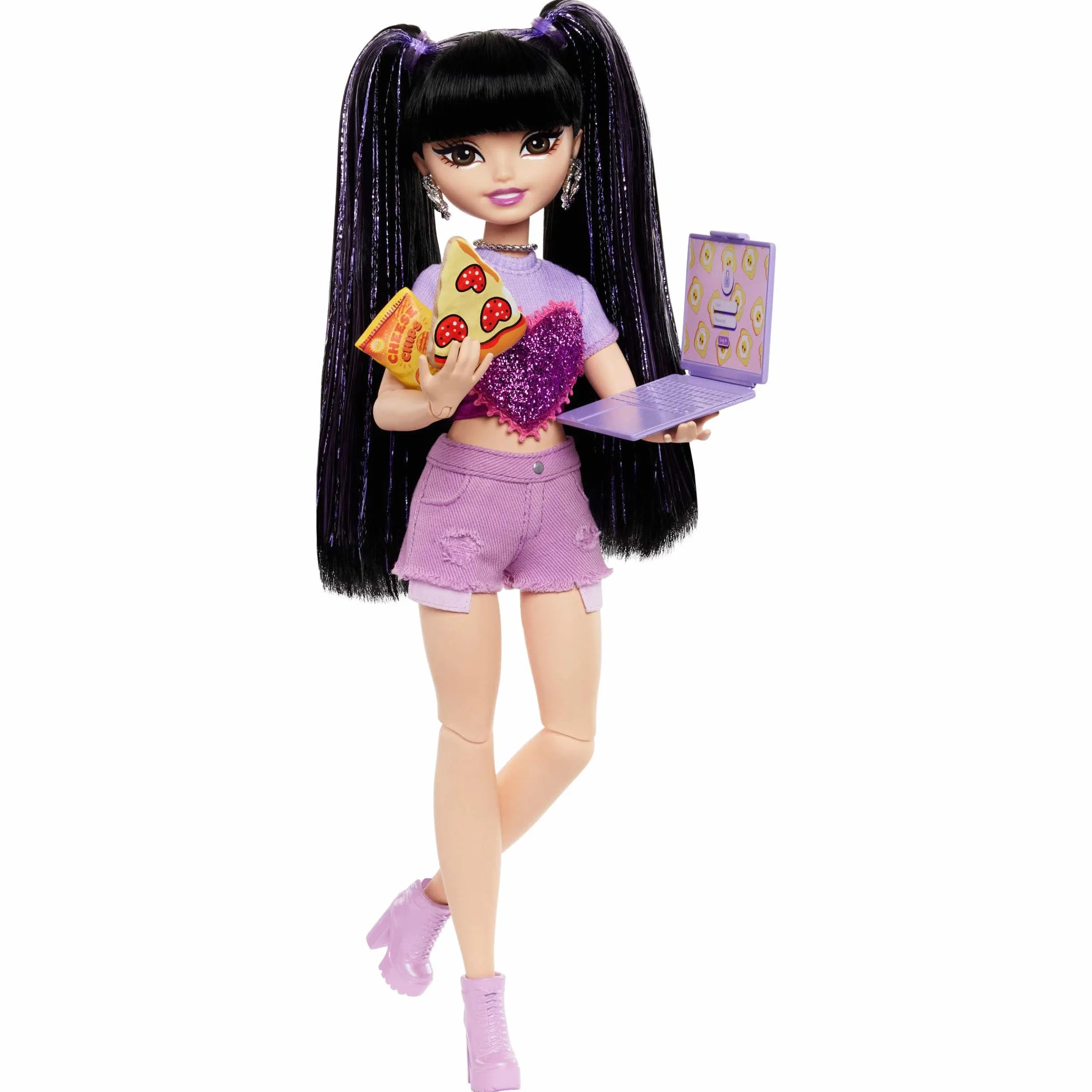 Barbie Dream Besties Lalka modowa Renee do ustawiania w różnych pozach z długimi czarnymi włosami i 8 akcesoriami z motywem jedzenia, HYC24
