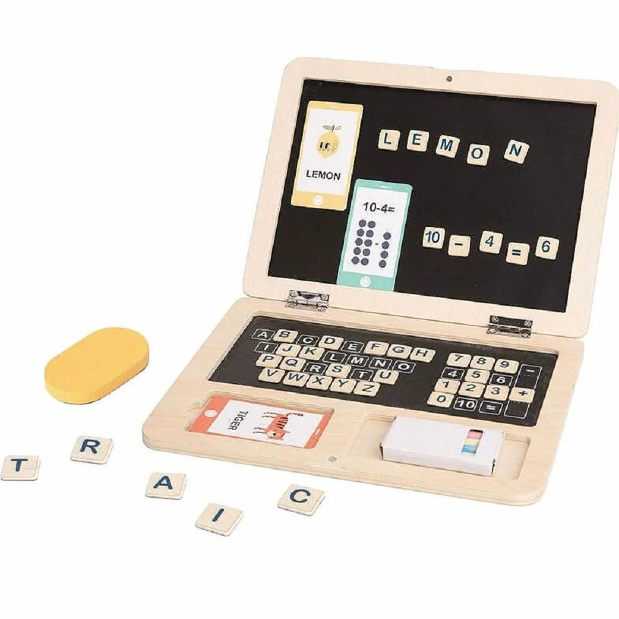 Tooky Toy drewniany laptop dla dzieci TH819, litery magnetyczne, kreda, kolory: beżowy