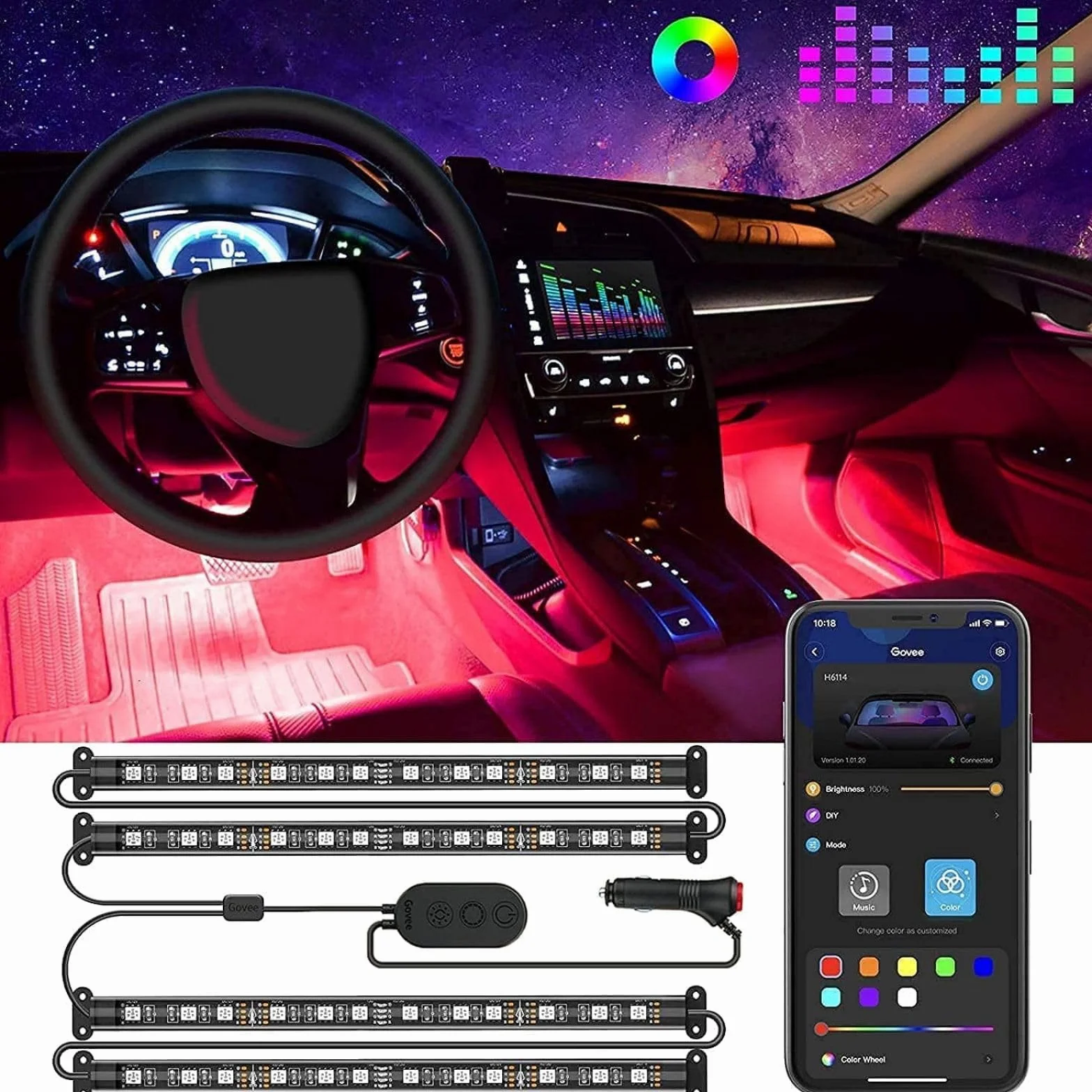 Govee wodoszczelne oświetlenie wewnętrzne samochodu LED, 48 diod LED, ulepszona konstrukcja dwuliniowa, sterowanie aplikacją, wielokolorowe, z wtyczką do zapalniczki, 12 V, 4 sztuki