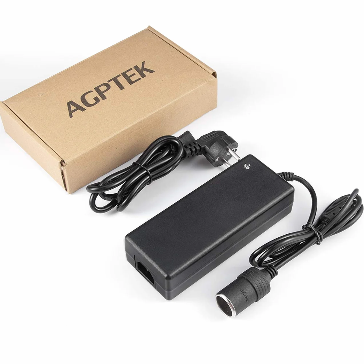 AGPTEK adapter sieciowy, przetwornica napięcia od 100 do 240 V na 12 V/10 A, falownik z gniazdem zapalniczki do kompresora lodówki, lamp LED i wentylatorów