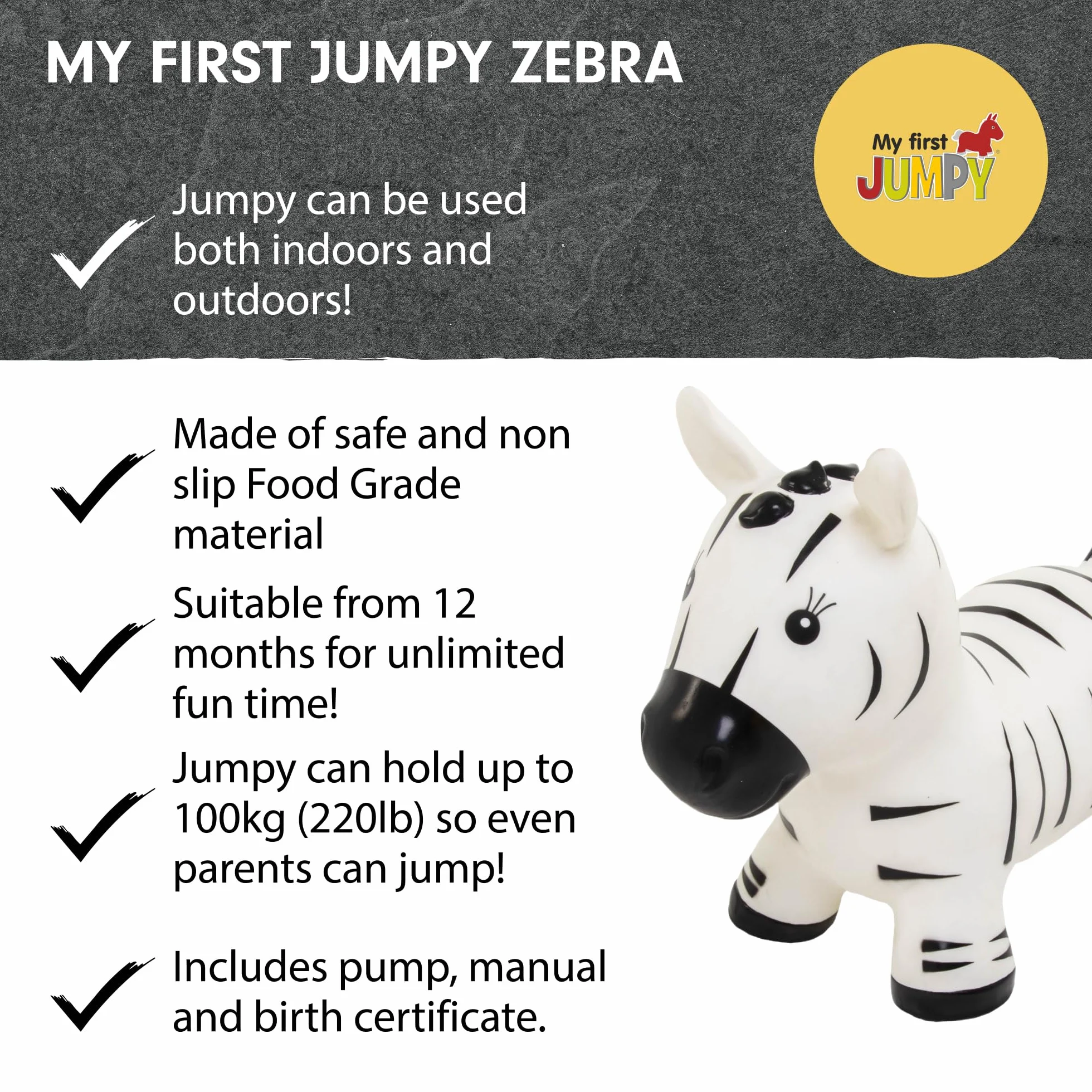 Gerardo's Toys Mój pierwszy samochód do skakania, Space Hopper dla dzieci od 1 roku życia i od 2 lat, skaczący samochód do jazdy konnej, zebra z pompką powietrzną – nadmuchiwany skok dla małych dzieci