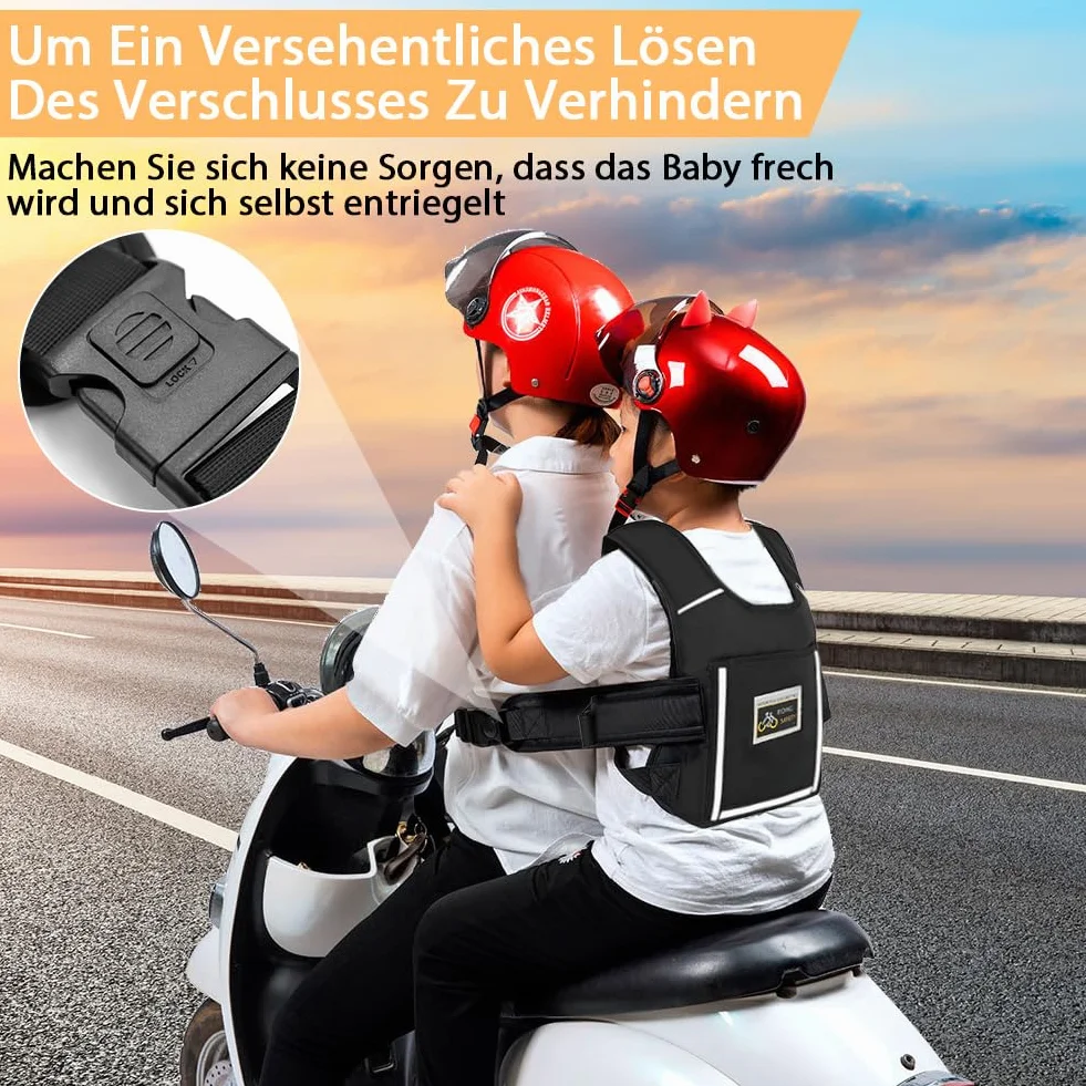 Pas bezpieczeństwa dla dzieci na motocykl, Regulowany odblaskowy czarny