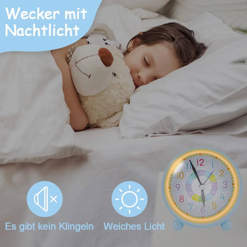 Aohcae Cyfrowy budzik dziecięcy, bez tykania, budzik edukacyjny, zegar do nauki, zegar dla dzieci, cichy, drzemka, analogowy, budzik do nauki ze światłem nocnym, prezent na Boże Narodzenie dla dzieci,