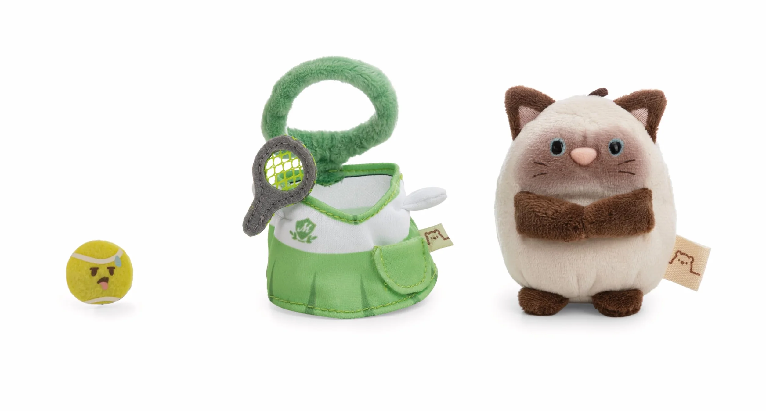 NICI 62903 zestaw przytulanka kotka syjamska Siamy z piłeczką tenisową i strojem tenisowym w pudełku prezentowym, mymochi pluszowe zwierzątko w stylu kawaii, 8 cm, 8,5 x 6,5 x 10 cm, brązowy
