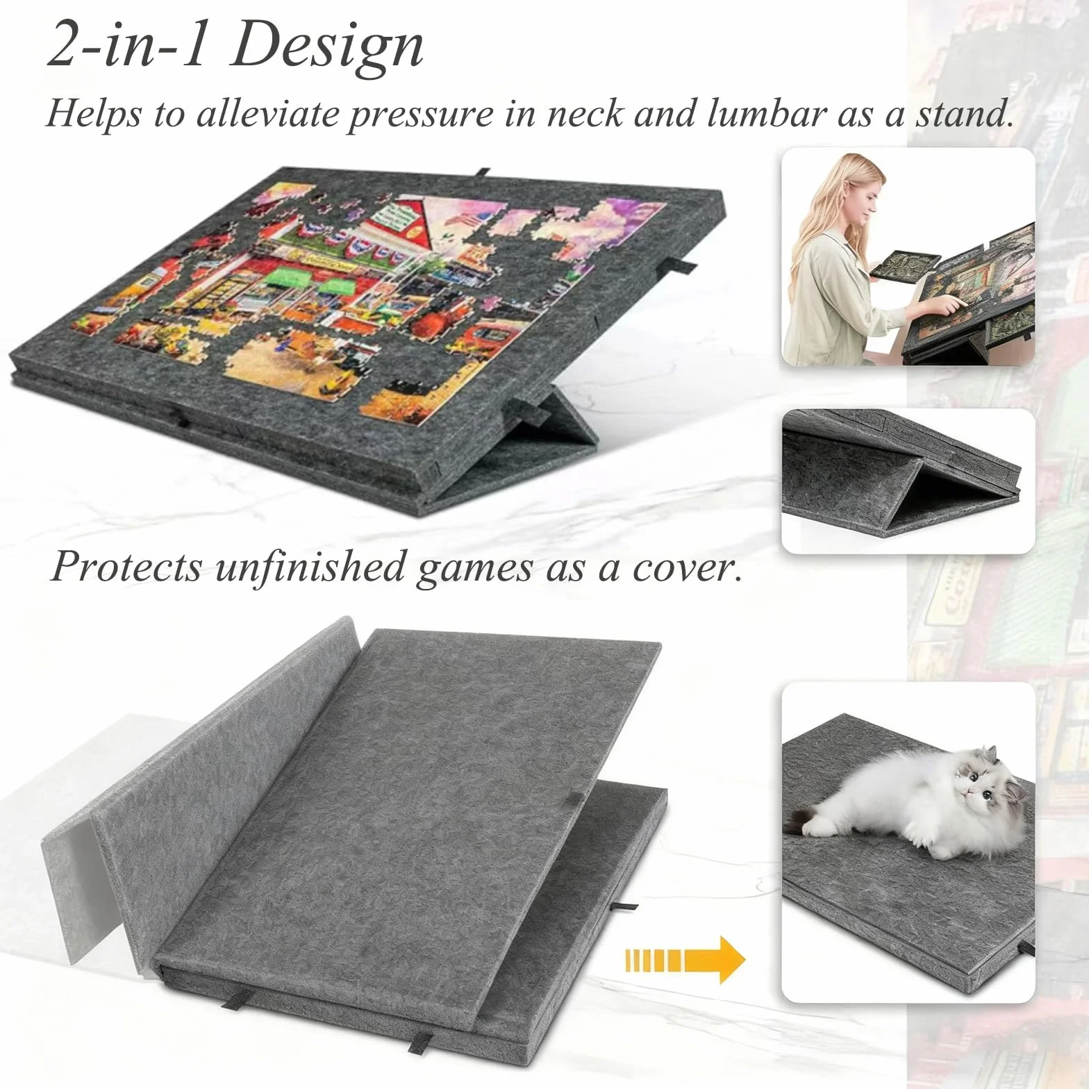 Puzzle Board Regulowany, uchylny stojak, duży przenośny stół do układania puzzli, filcowa powierzchnia z pokrywą zapewniającą bezpieczne przechowywanie i łatwe sortowanie, do 2000 sztuk gray
