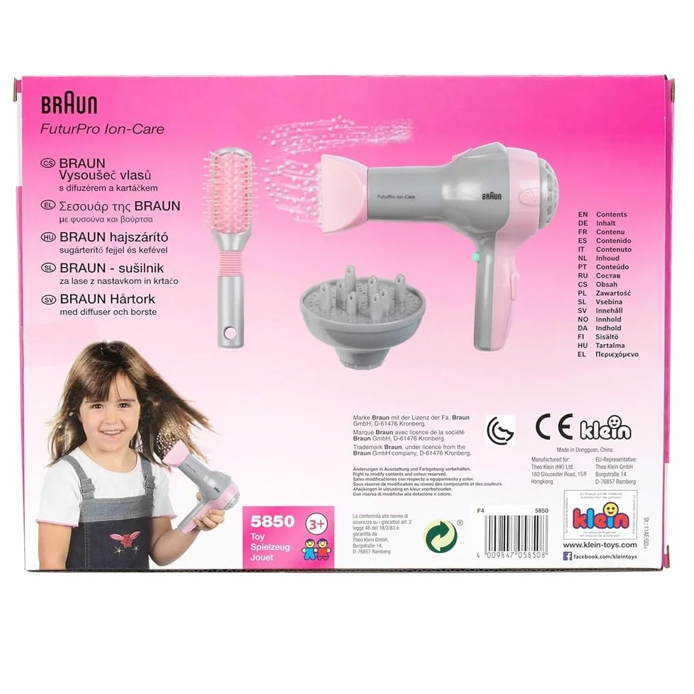 Theo Klein 5850 Braun Hair Dryer I Children's Hair Dryer Incl Brush and Diffuser Attachment I Toys for Children Aged 3 and over