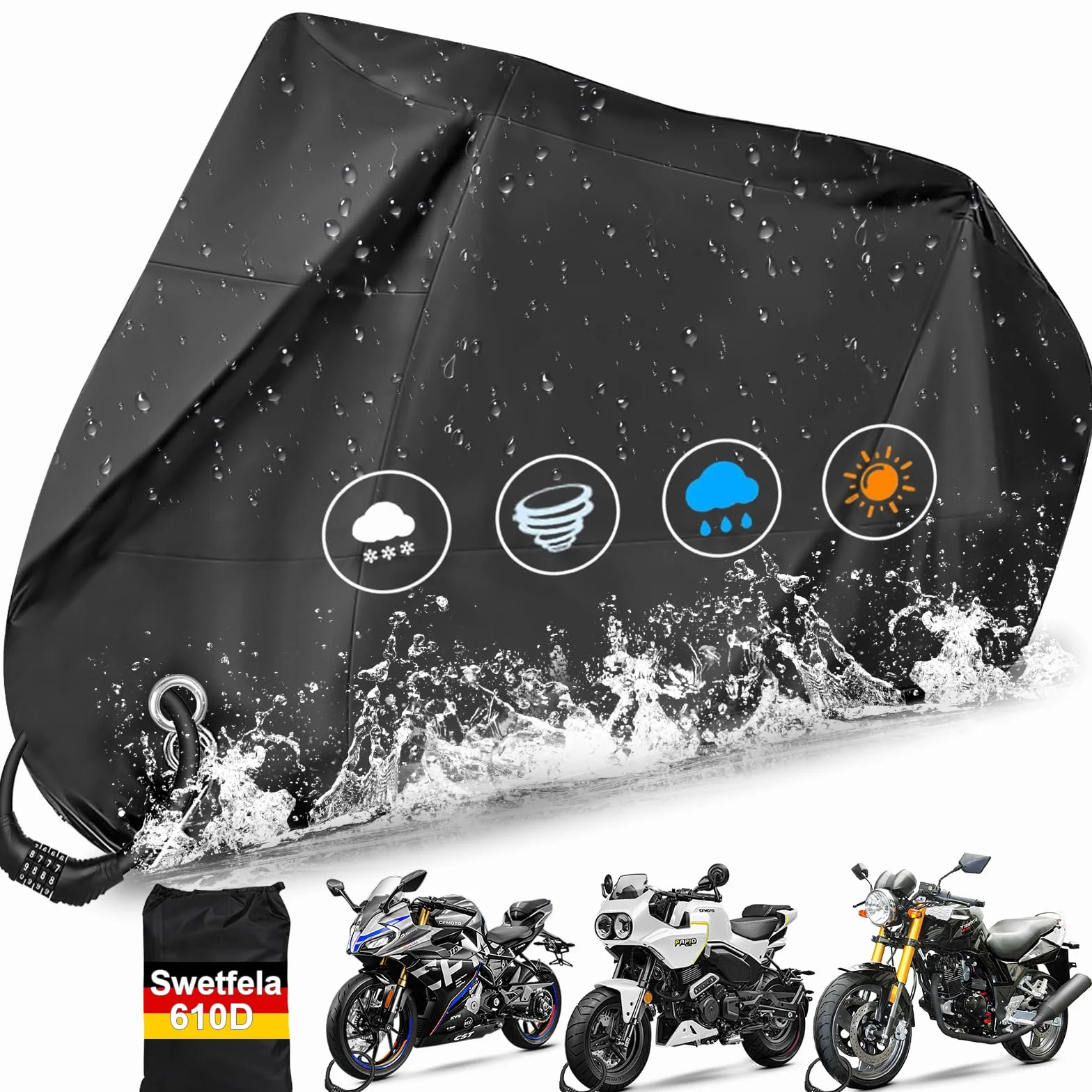 Pokrowiec na motocykl 210D, 245 x 105 x 125 cm, tkanina Oxford na zewnątrz wodoodporny pokrowiec motocyklowy, odporny na wodę, kurz, wiatr, liście, pokrowce na motocykl skuter, skuter itp.