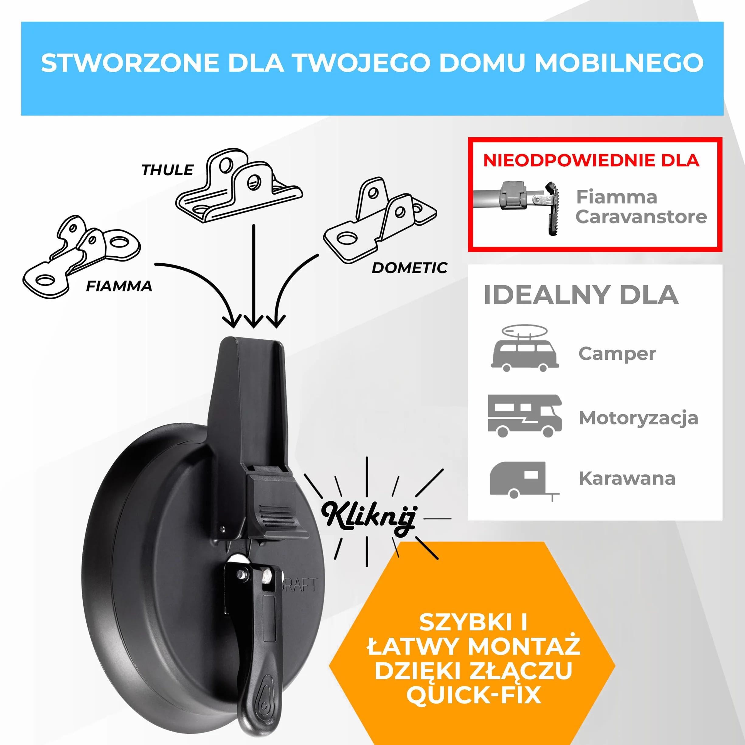 GRAFT Uchwyt do markizy (2 sztuki) | Uchwyt do stopy markizy | Uchwyt do stopy markizy do kampera, kempingu, przyczepy kempingowej | Do stopy markizy THULE, FIAMMA i DOMETIC | Akcesoria do markiz
