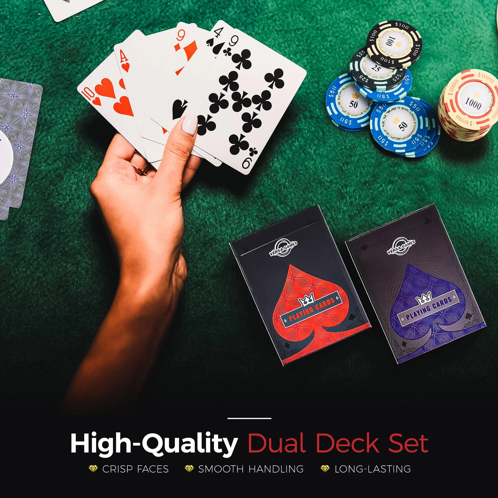 Versa Games Żetony pokerowe – zestaw glinianych żetonów pokerowych – zestaw Crown Casino Poker 13,5 g, 500 elementów, z nominałami liczbowymi – ulepszone etui na pokera
