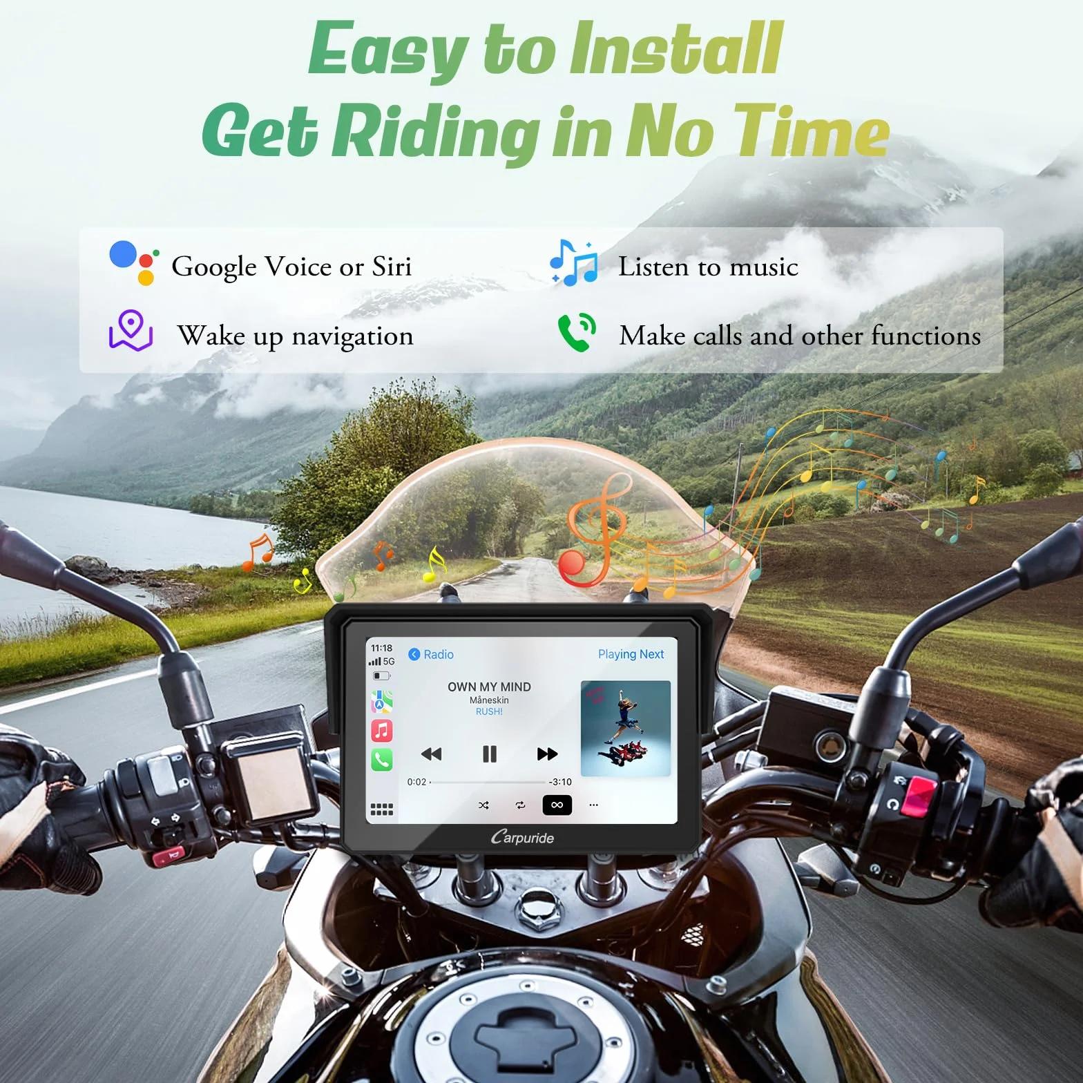 Carpuride W502 Wireless Carplay Android Auto przenośny ekran dotykowy 5 cali nawigacja GPS Bluetooth wodoodporny IP67 motocykl stereo 64GB
