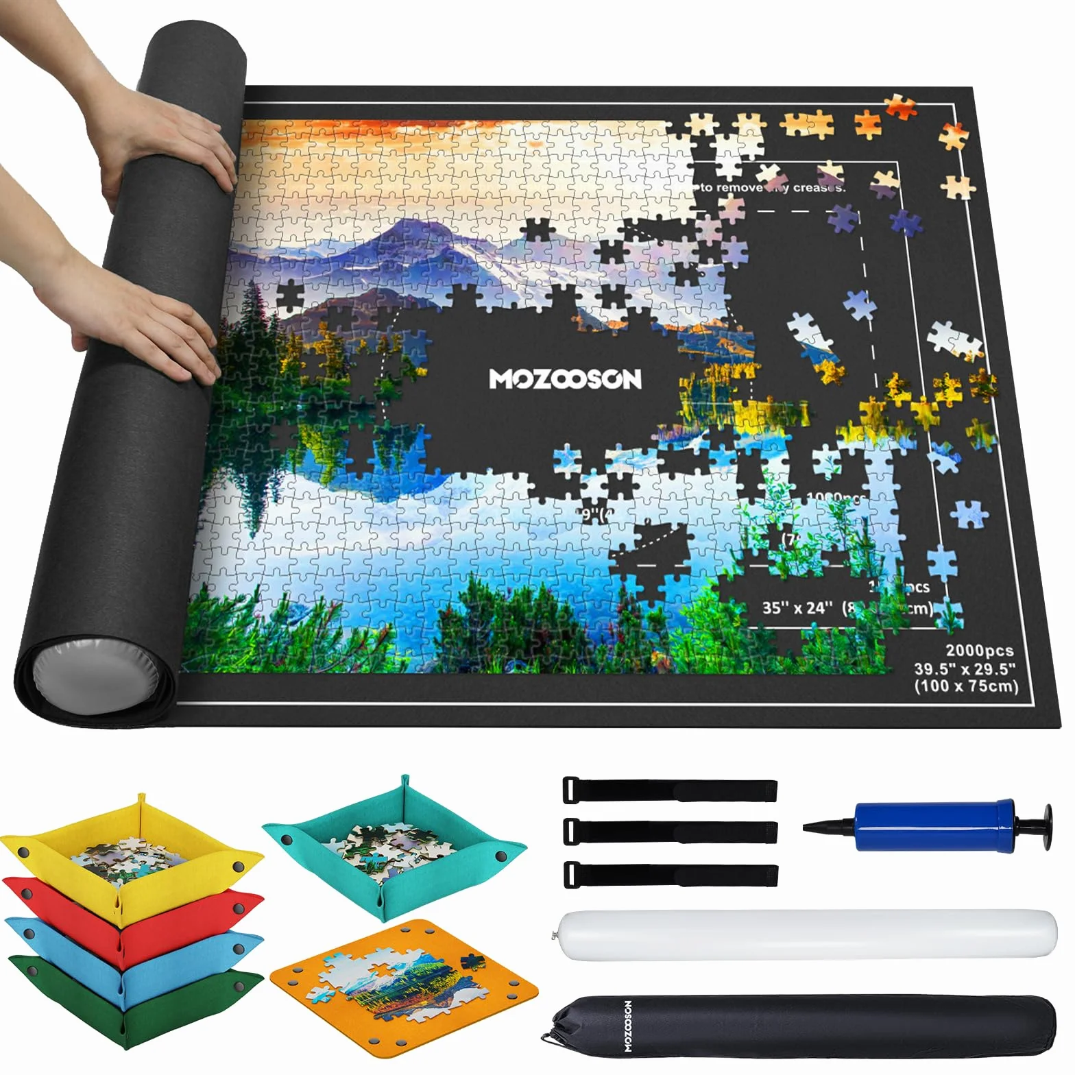 MOZOOSON Mata filcowa do puzzli 2000 sztuk, przenośna i do przechowywania, zwijalna z akcesoriami dla dzieci i dorosłych