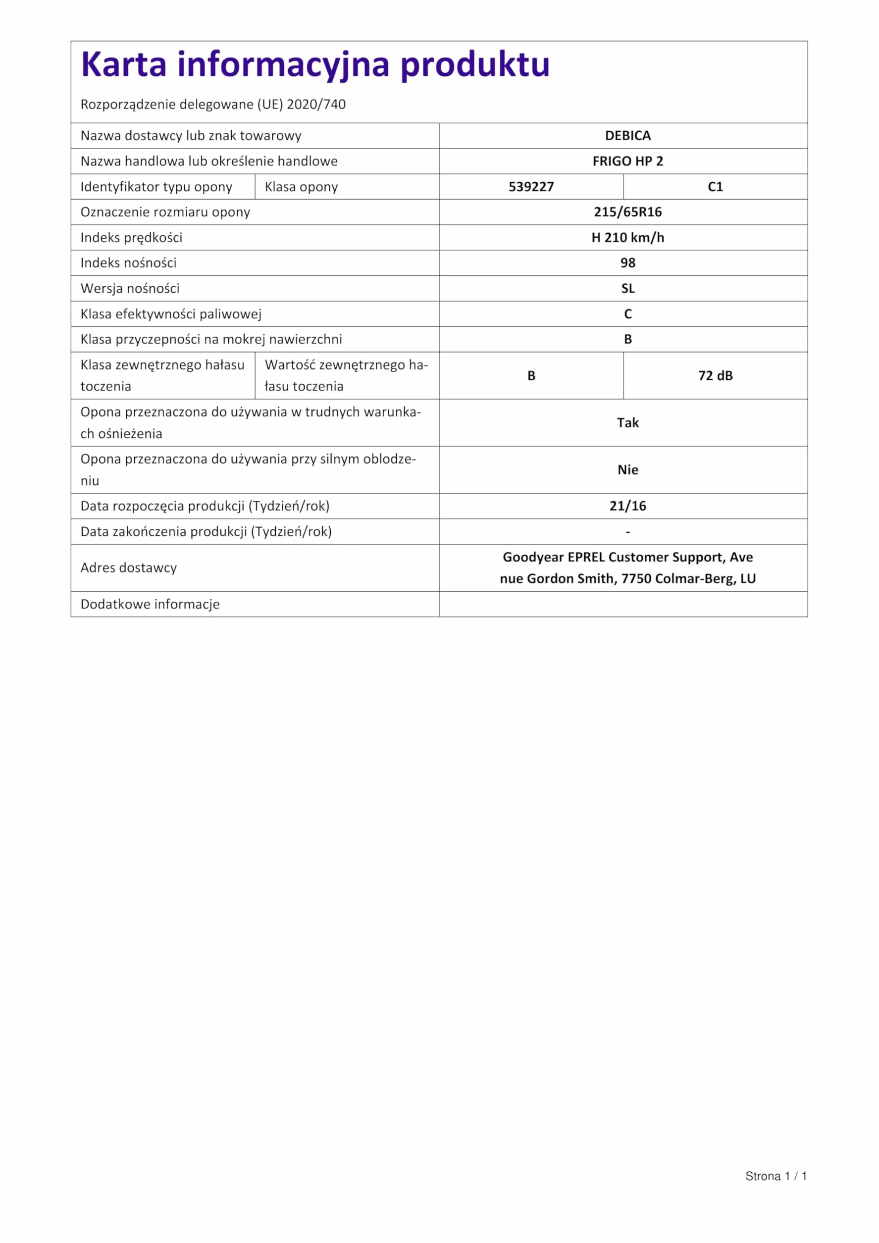 Debica FRIGO HP2 (M*S) TL 215/65 R16 98H - opony zimowe