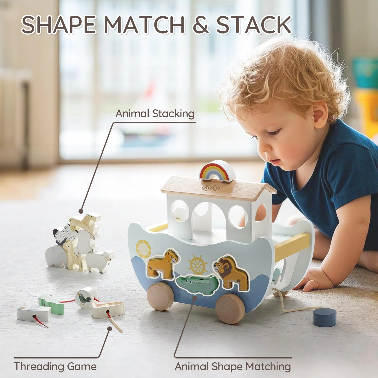 Joyreal Arka Noego Wood - Prezenty na chrzest, Zabawki Montessori dla niemowląt, Gry Edukacyjne Sorter Kształtu, Zabawki Stackable, Prezent Dziewczyna Chłopiec