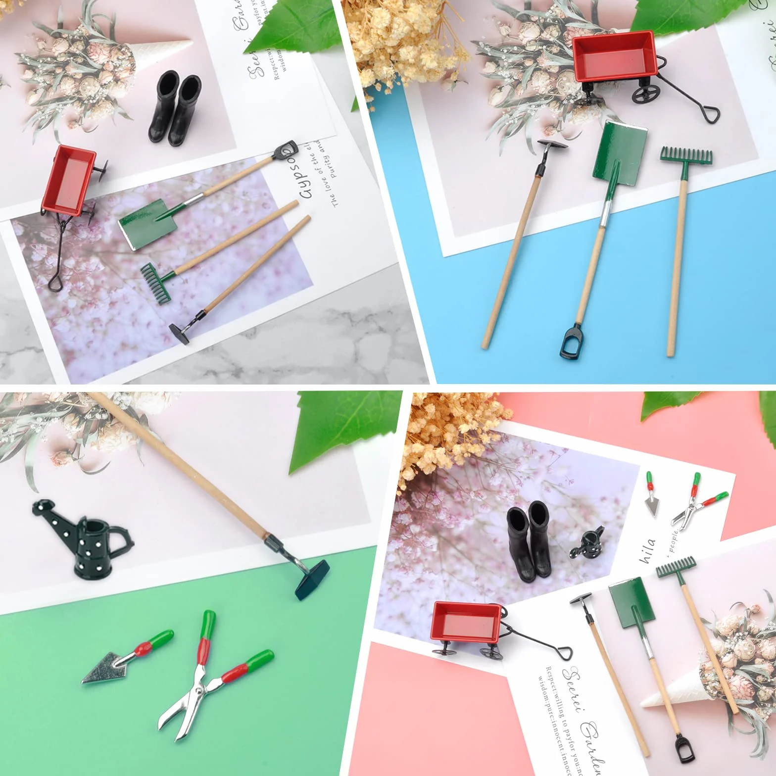 Miniaturowy domek dla lalek, zestaw narzędzi ogrodowych, kalosze, konewka, łopatka, tłuczek, grabie, wózek, czajnik, nożyczki, szufla, mini ornament