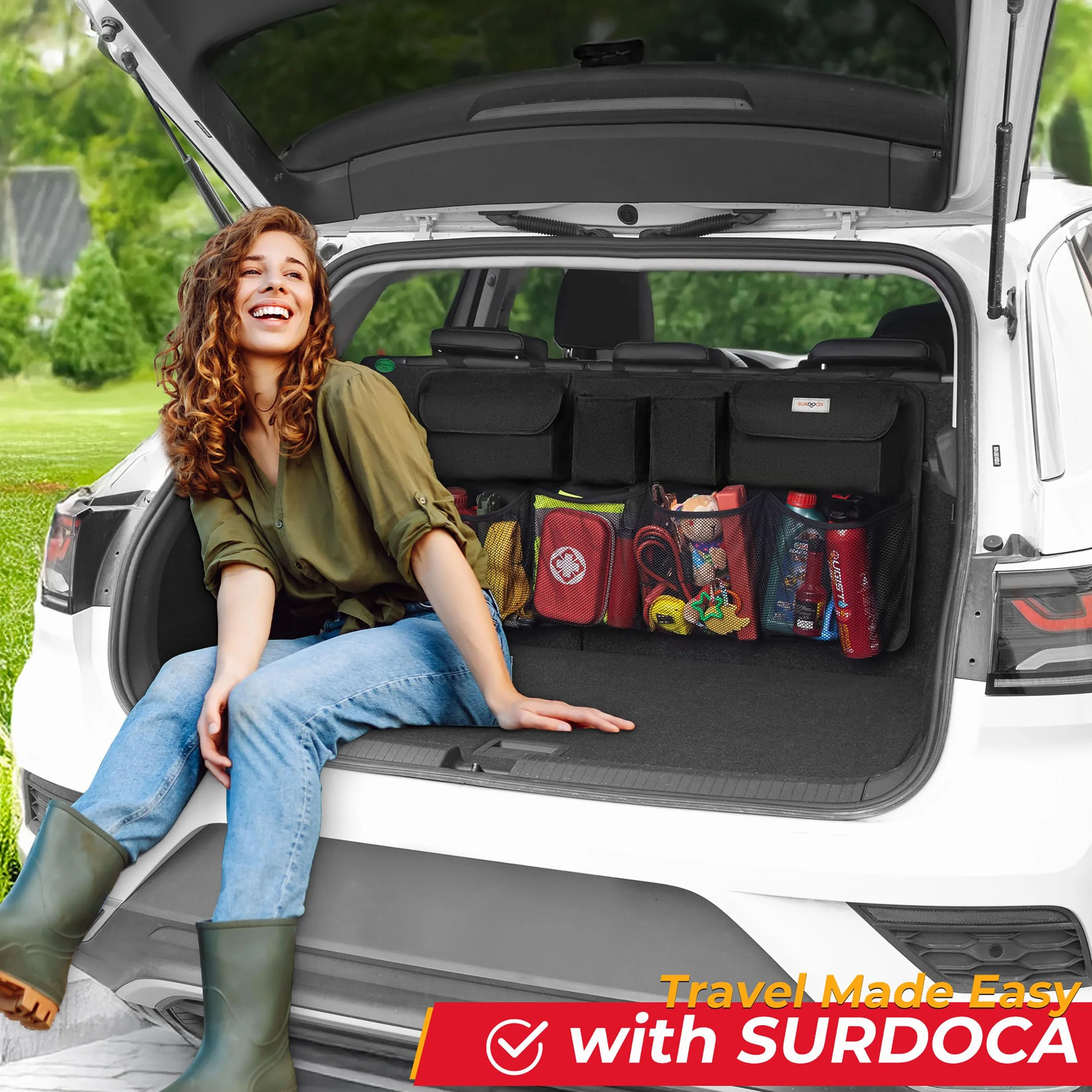 SURDOCA Car Trunk Organizer - 3rd Gen Super pojemność samochodu wiszące organizator, wyposażony w 4 Magic Stick, Car Trunk schludny worek przechowywania z pokrywami