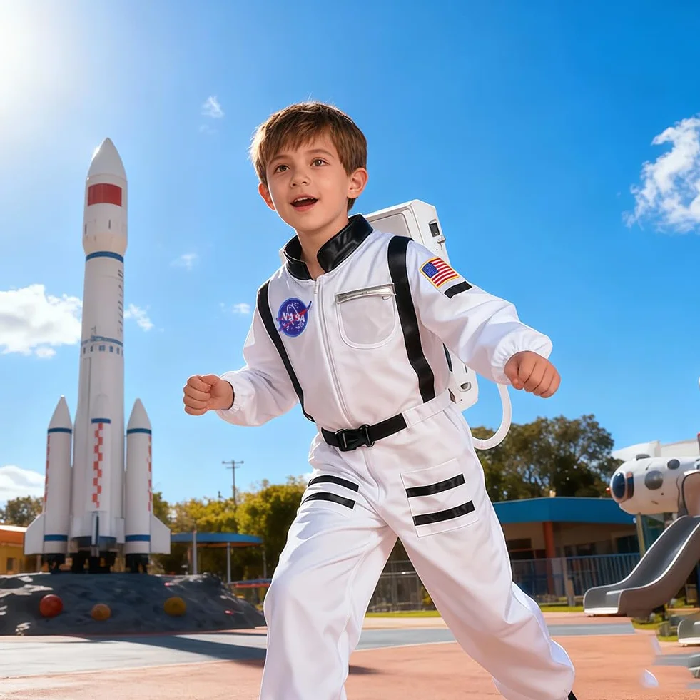 Kostium astronautów dla dzieci, 2 szt. Chłopcy i dziewczęta kombinezon kosmiczny unisex z kaskiem, dziecko kosmiczne ubrania na karnawał Halloween Boże Narodzenie Cosplay