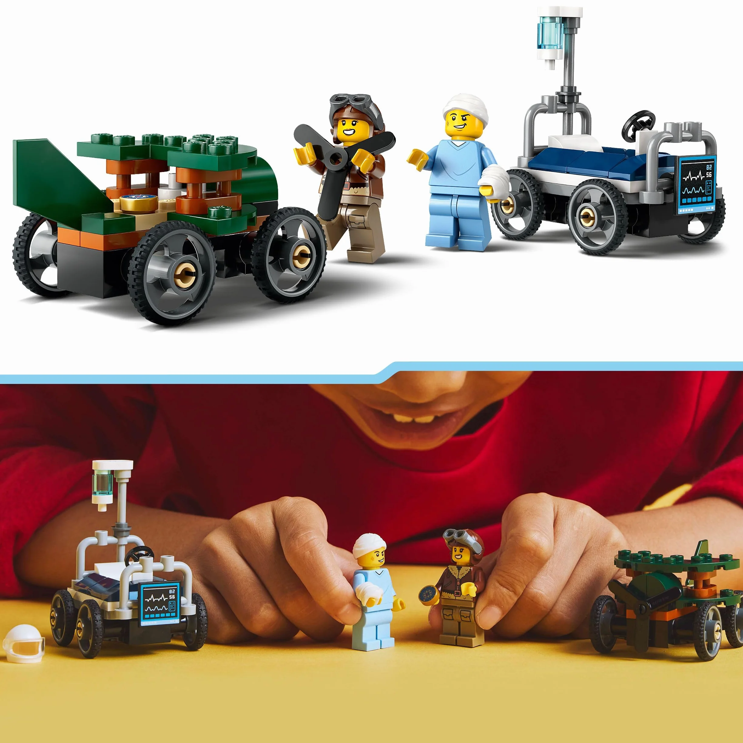 LEGO City Zestaw Wyścigówek: Samolot Kontra Łóżko Szpitalne, Konstrukcyjna Zabawka dla Dziecka do Zbudowania, Pojazdy z Minifigurkami, Kreatywny Prezent dla 5-latka, dla Chłopca i Dziewczynki, 60459