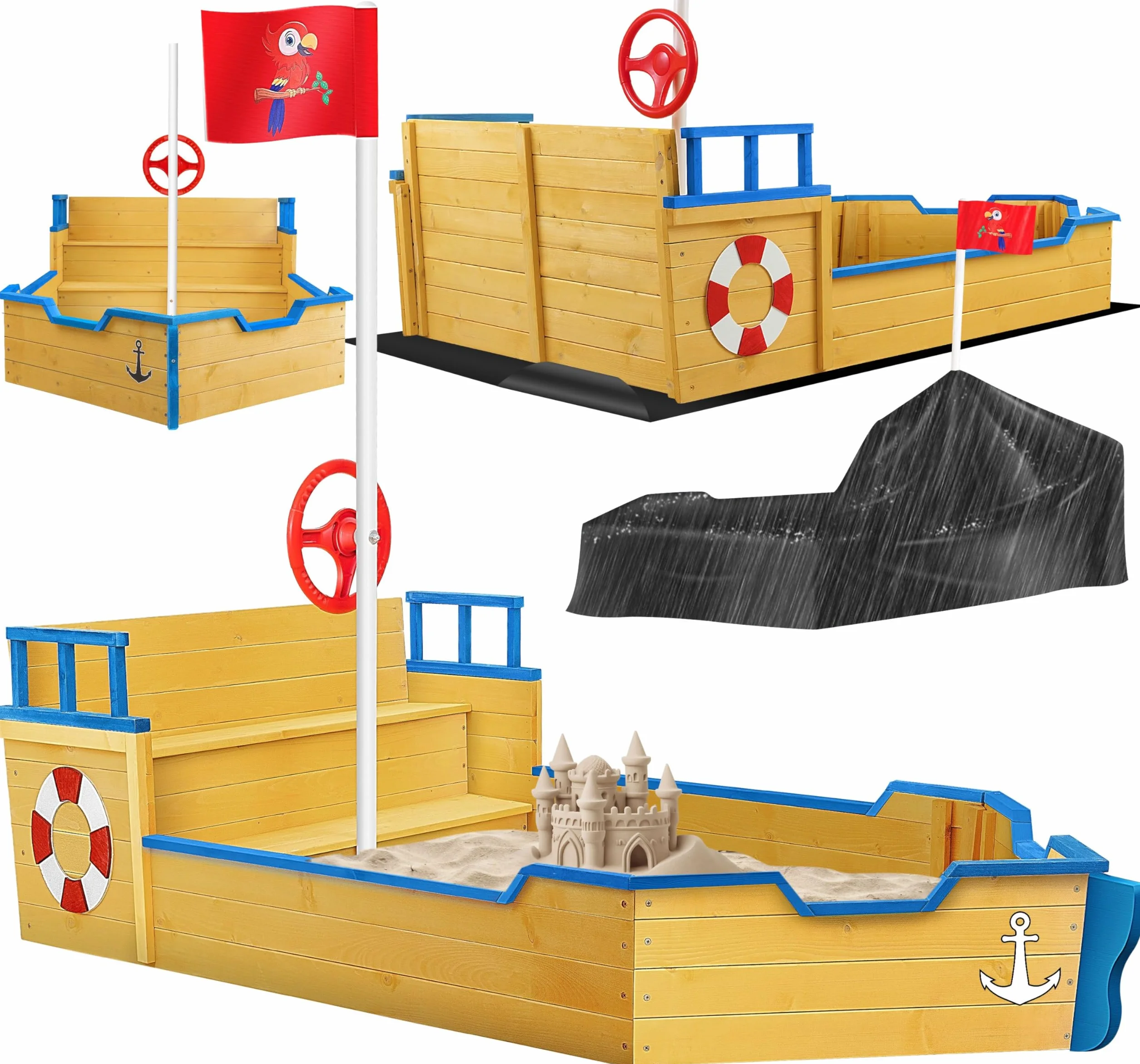 KIDIZ® Piaskownica AHOI – statek piracki, łódź żaglowa z drewna, w zestawie pokrywa, plandeka podłogowa, ławka do siedzenia, maszt flagowy, zabawki, duża piaskownica dla dzieci, do ogrodu, piaskownica