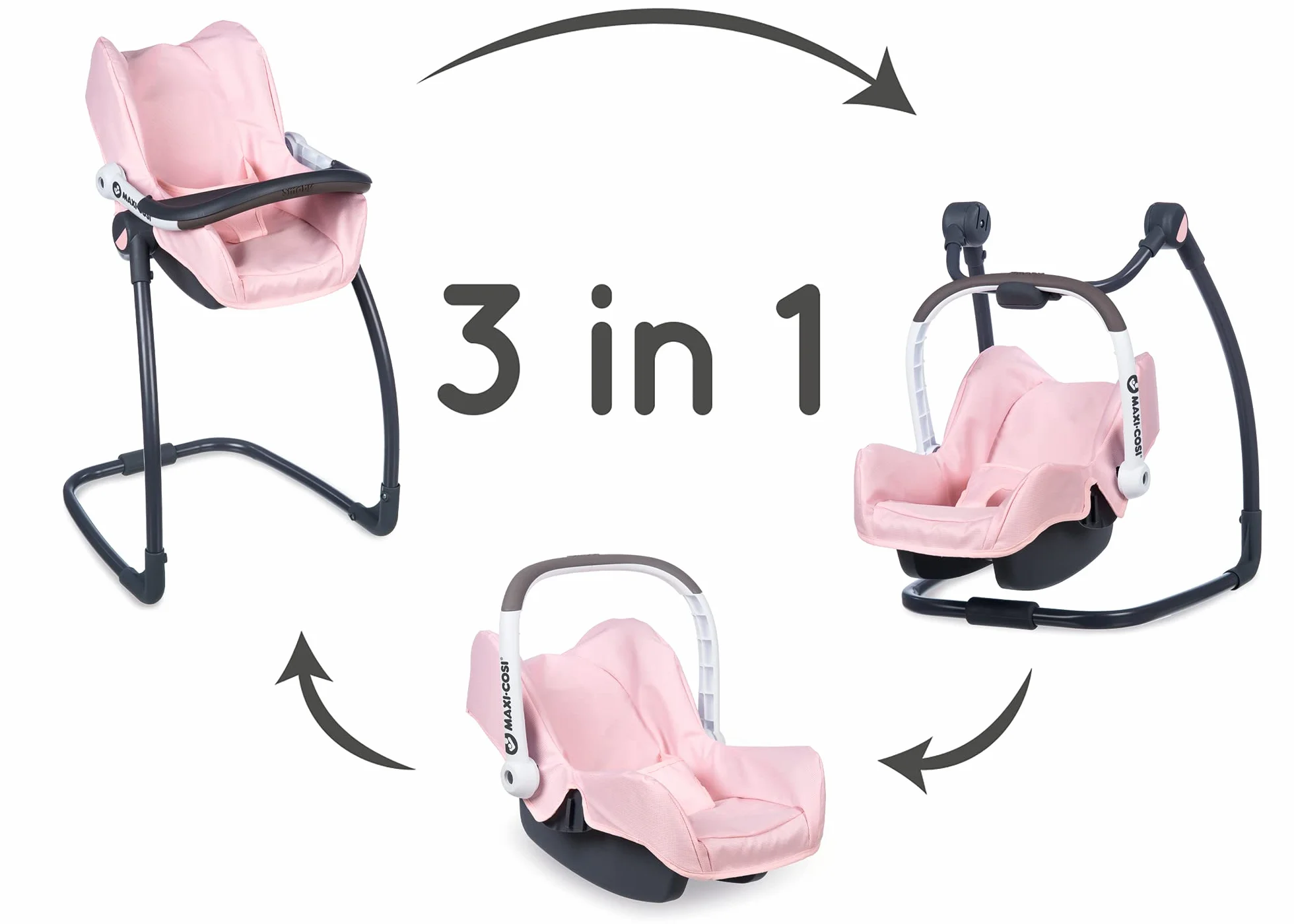 Smoby Maxi-Cosi krzesełko dla lalek 3 w 1 – dla lalek do 42 cm; do fotelika dziecięcego; fotelika samochodowego; huśtawki; akcesoria dla dzieci od 3 lat; różowe