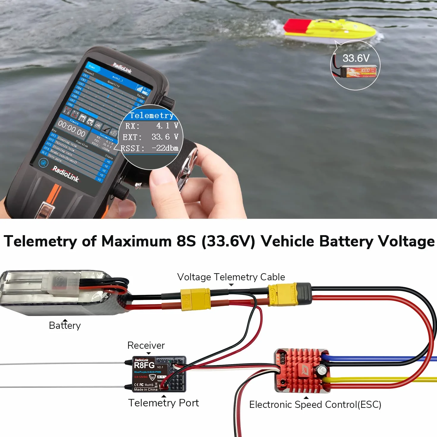 Radiolink 2.4Ghz R8FG 8 kanałów odbiornik żyroskopowy z telemetrią napięciową, daleki zasięg sterowania, rozprysk wody RX dla RC Crawler Car Boat Radio Controller System
